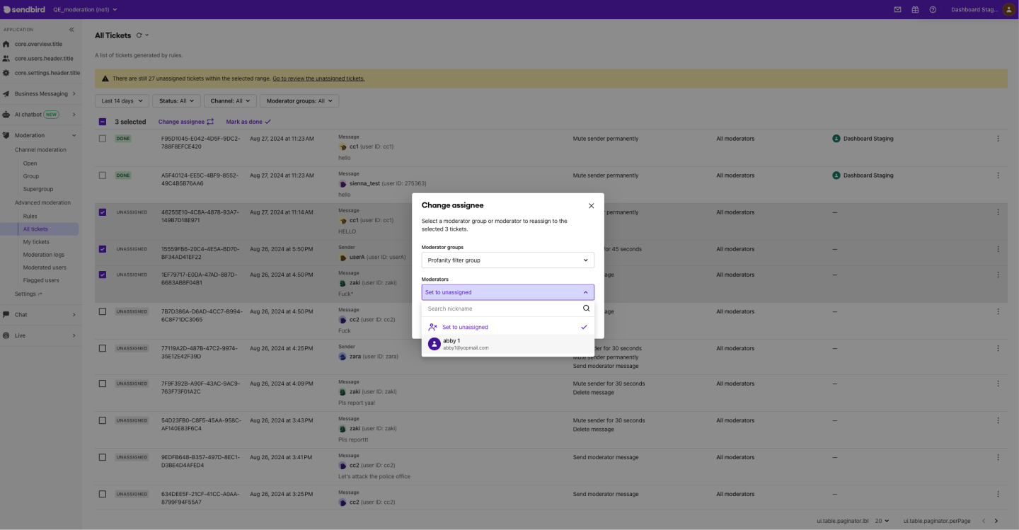 Image|Dashboard screen showing the change assignee modal on All tickets page.