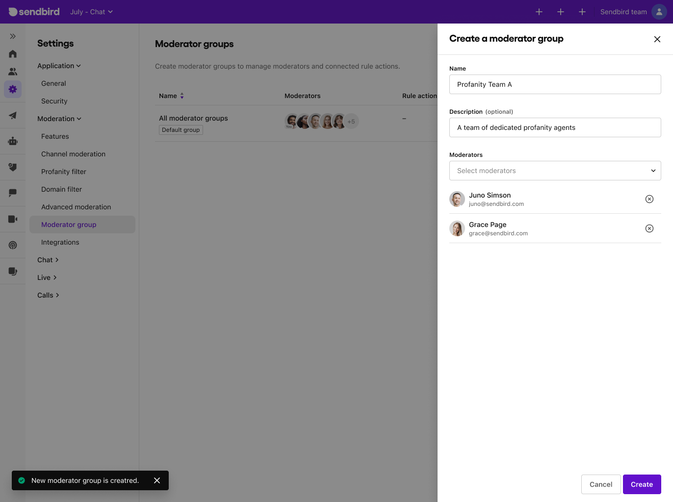 Image|A view of creating a moderator group on Sendbird dashboard.