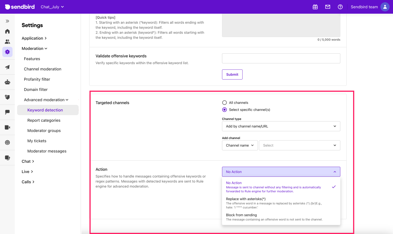 Image|A view of the Moderator groups page on Sendbird dashboard.