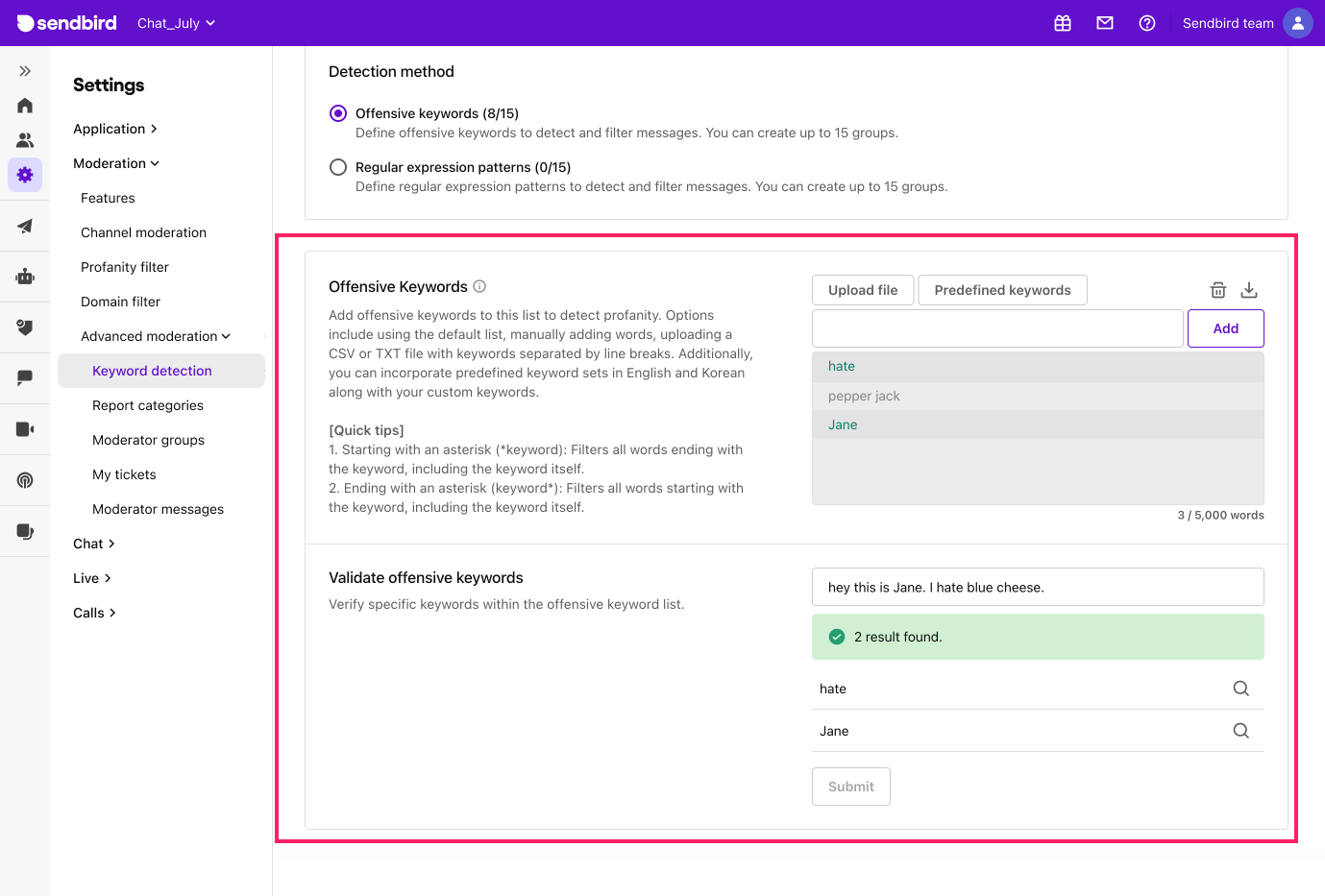 Image|A view of the Moderator groups page on Sendbird dashboard.