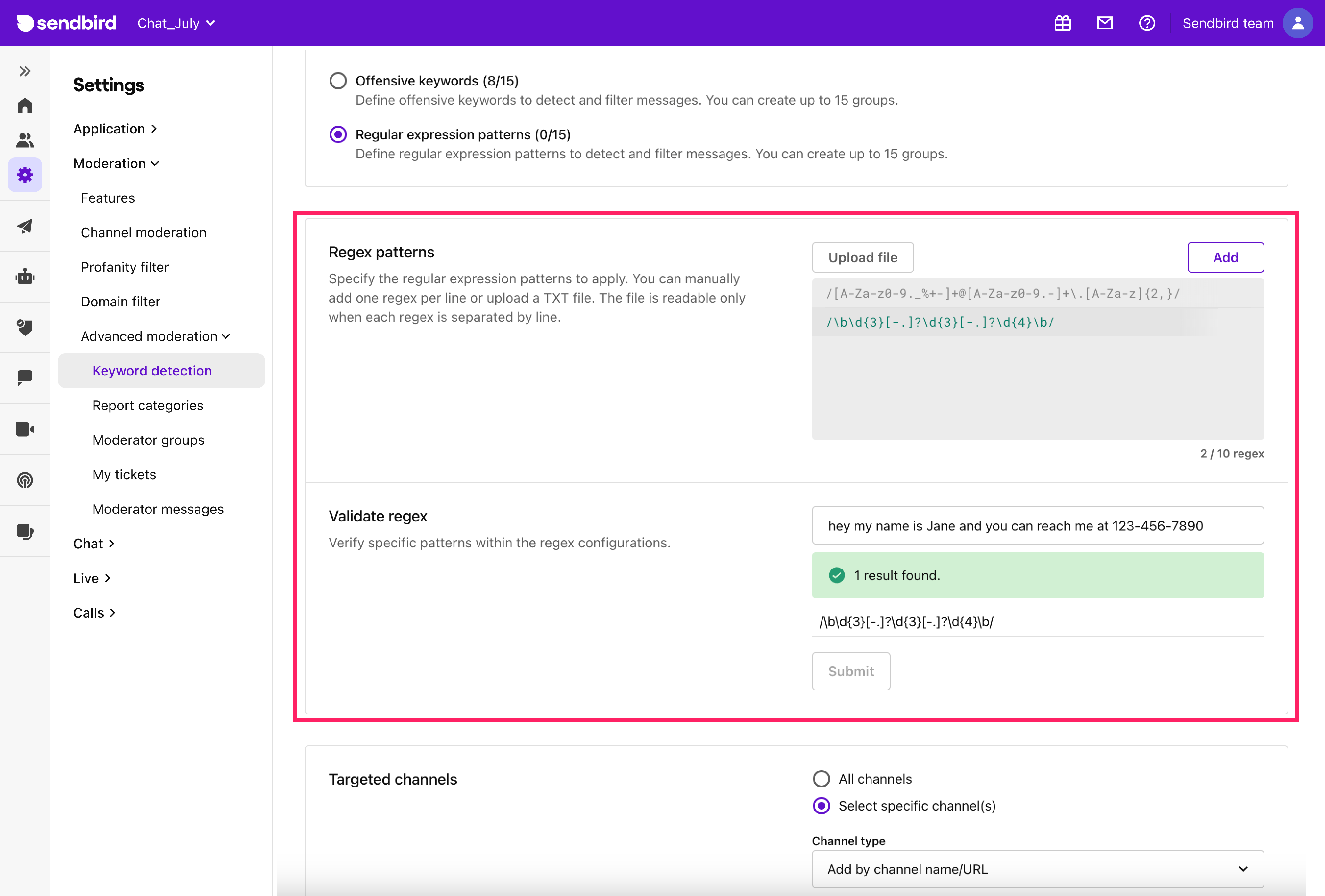 Keyword detection | Advanced Moderation | Sendbird Docs