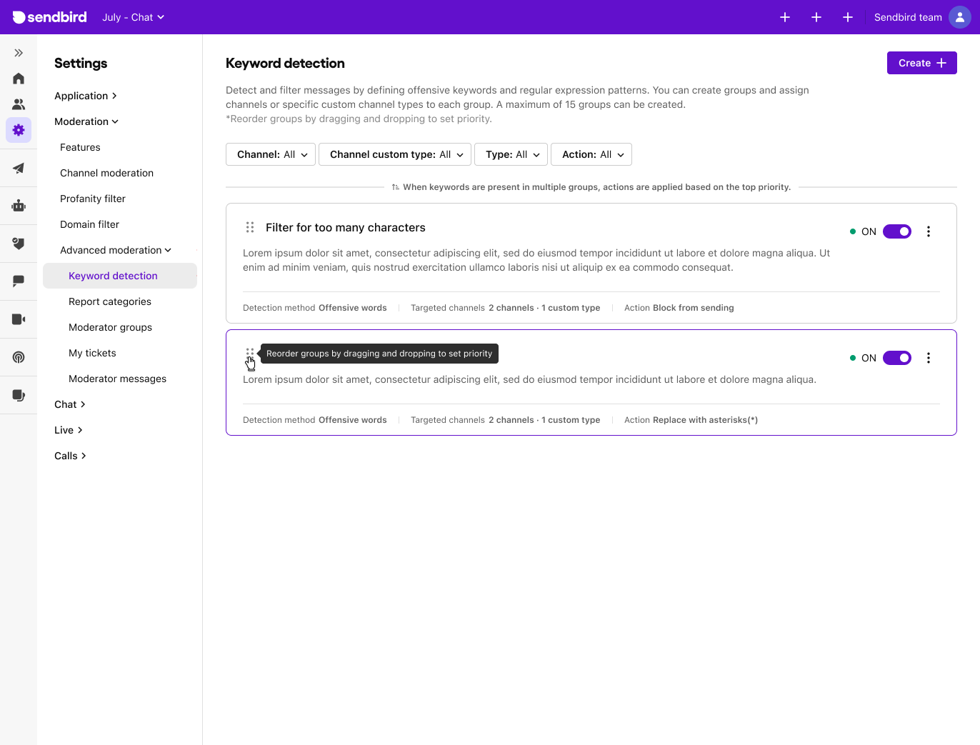 Image|A view of the Moderator groups page on Sendbird dashboard.