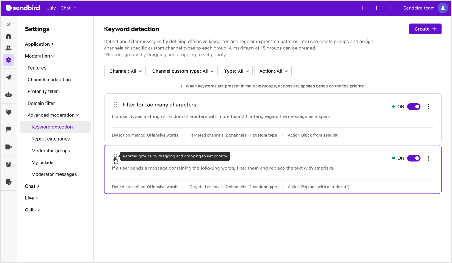 Image|A view of the Moderator groups page on Sendbird dashboard.