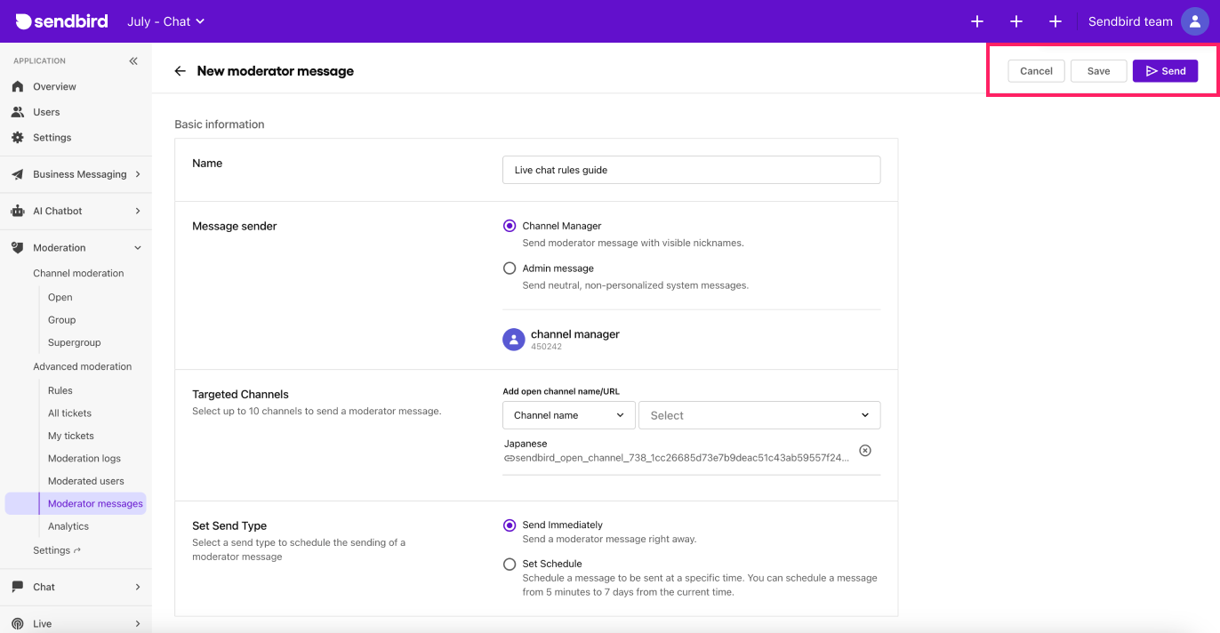 image|Dashboard screen showing the moderator messages with the save and send CTAs highlighted.