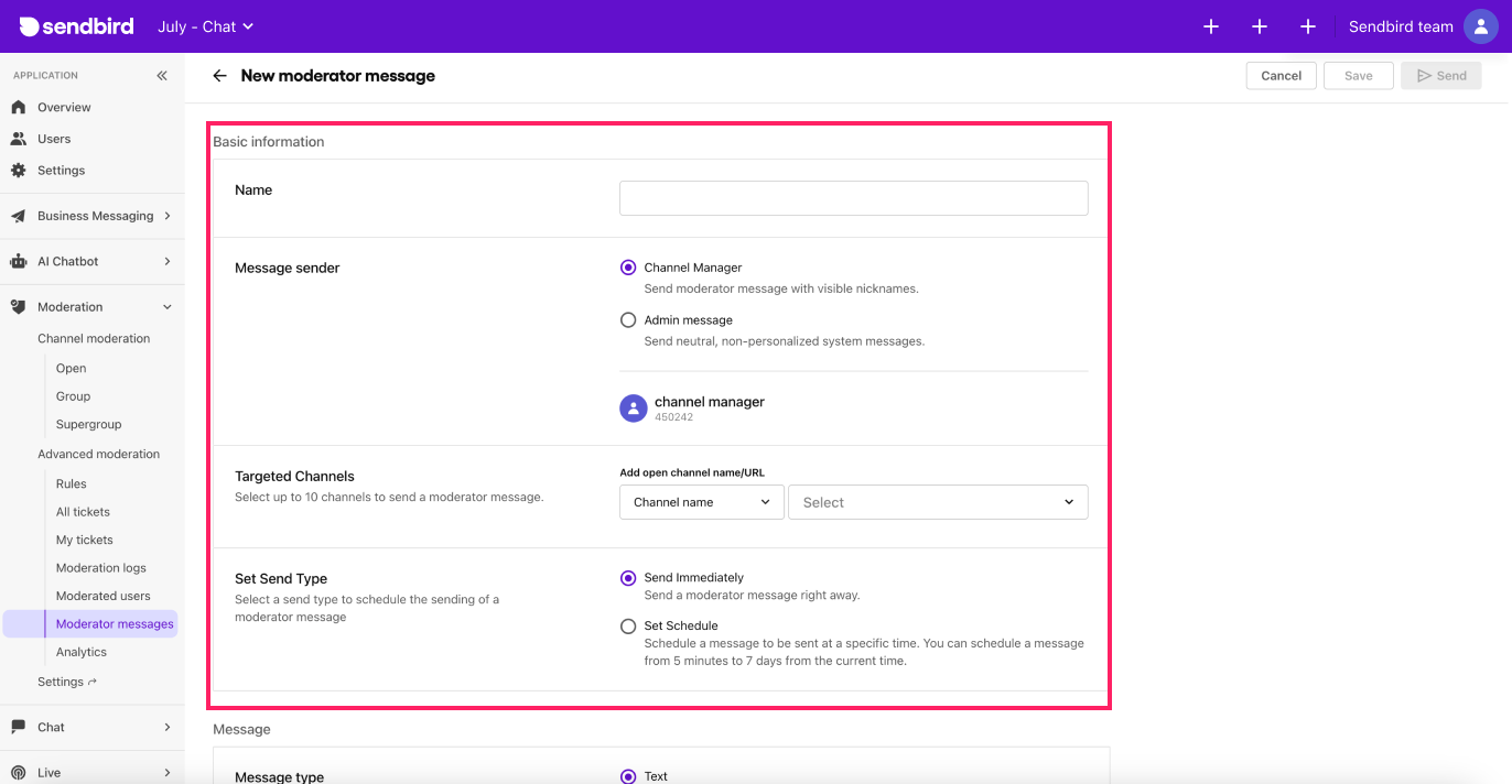 image|Dashboard screen basic information section of moderator messages highlighted.