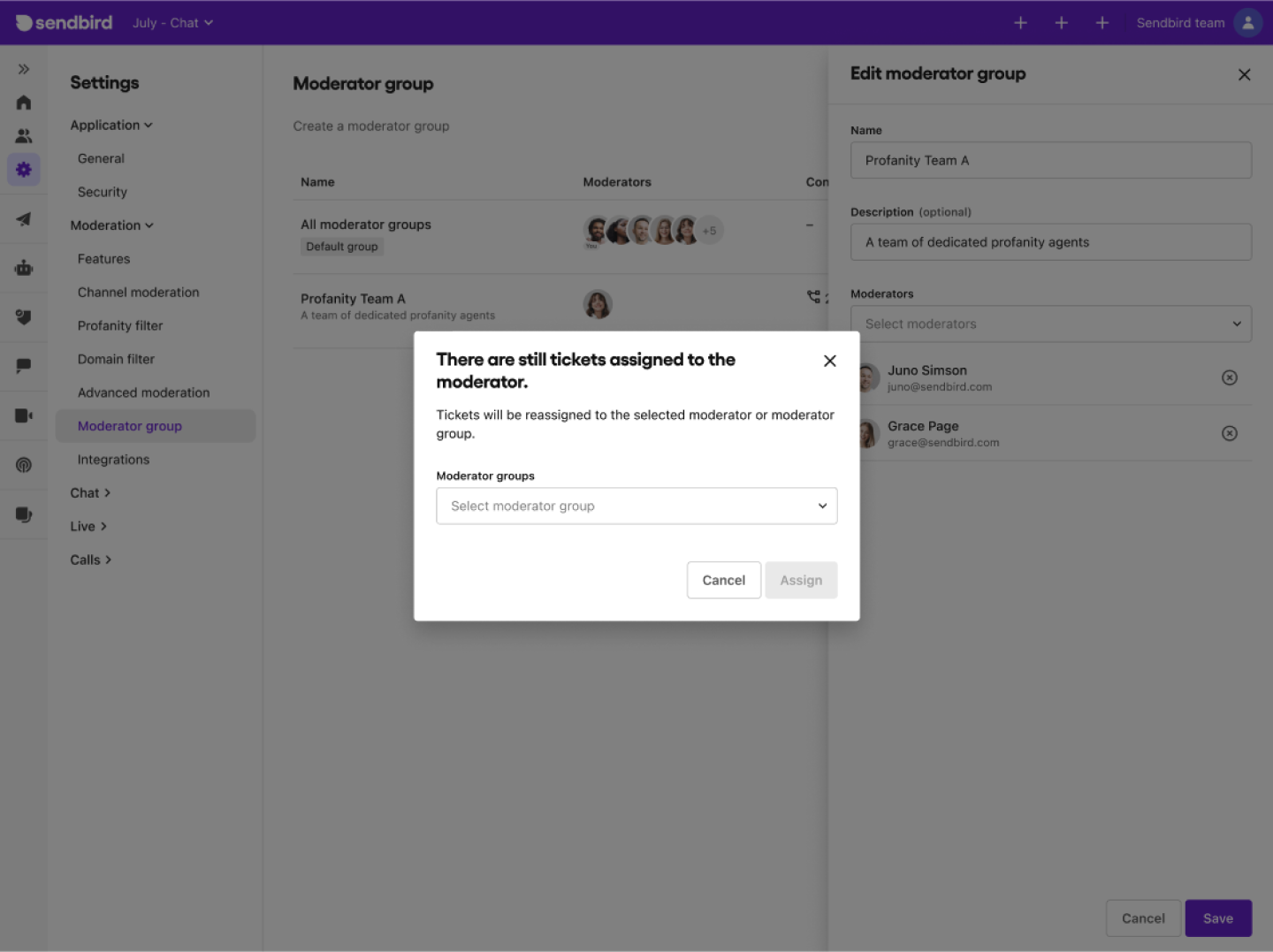 Image|A view of reassigning left over tickets when deleting a moderator group on Sendbird dashboard.