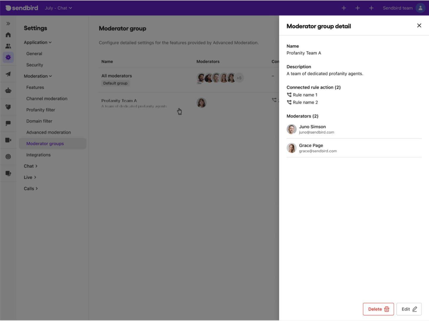 Image|A view of moderator group details on Sendbird dashboard.