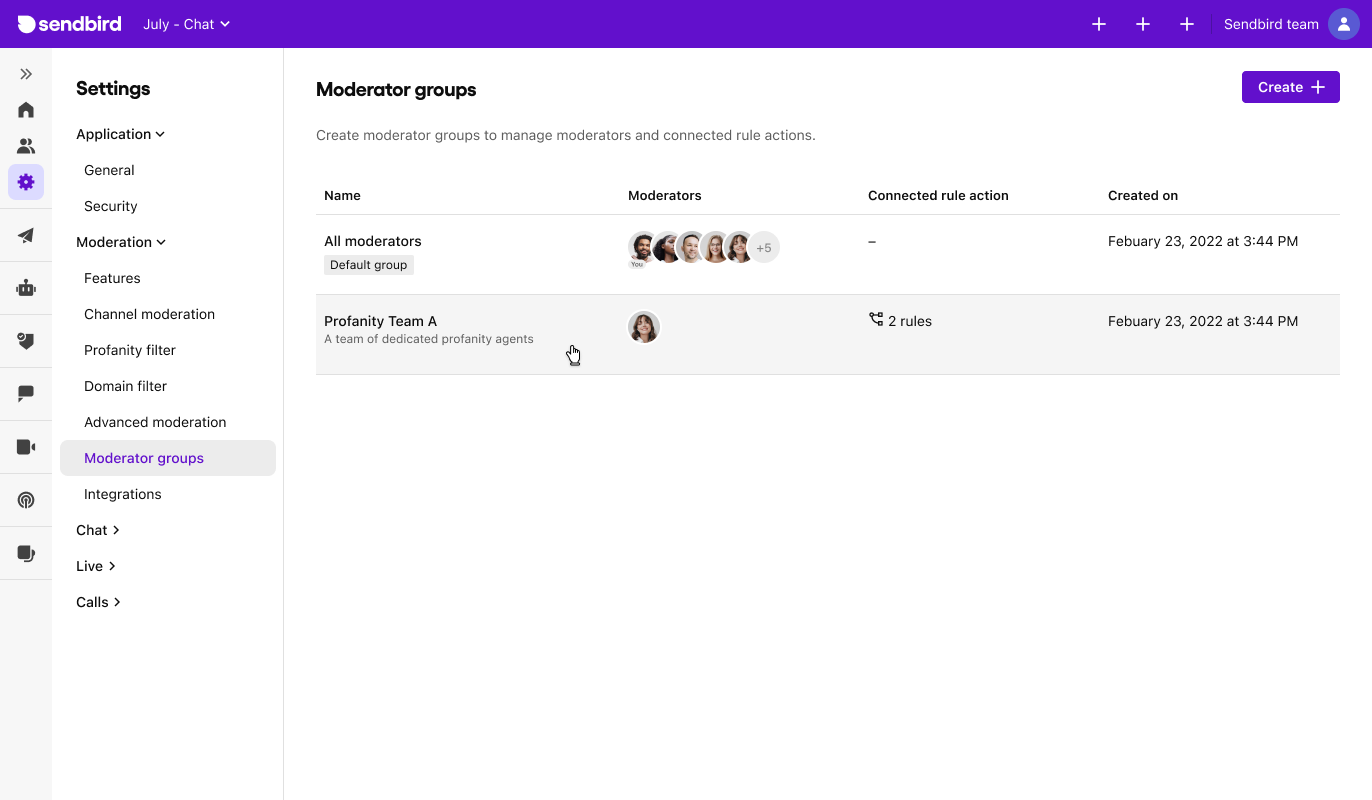 Image|A view of the Moderator groups page on Sendbird dashboard.