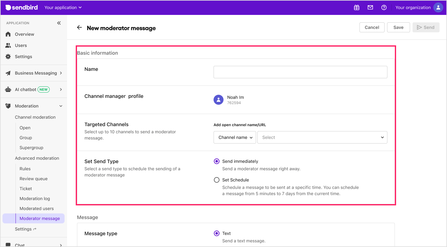 image|Dashboard screen basic information section of moderator messages highlighted.