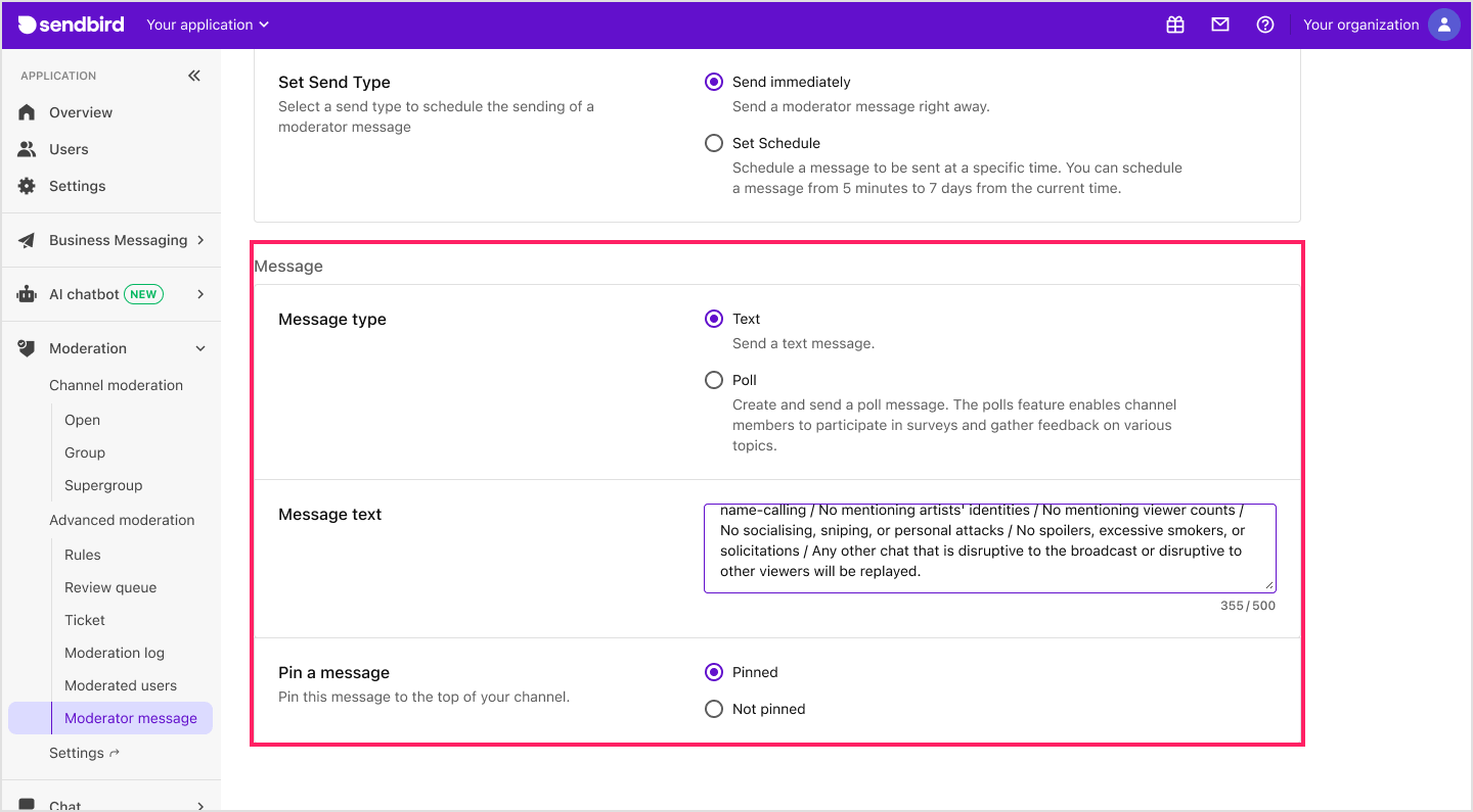 image|Dashboard screen showing the moderator messages with the message section highlighted.