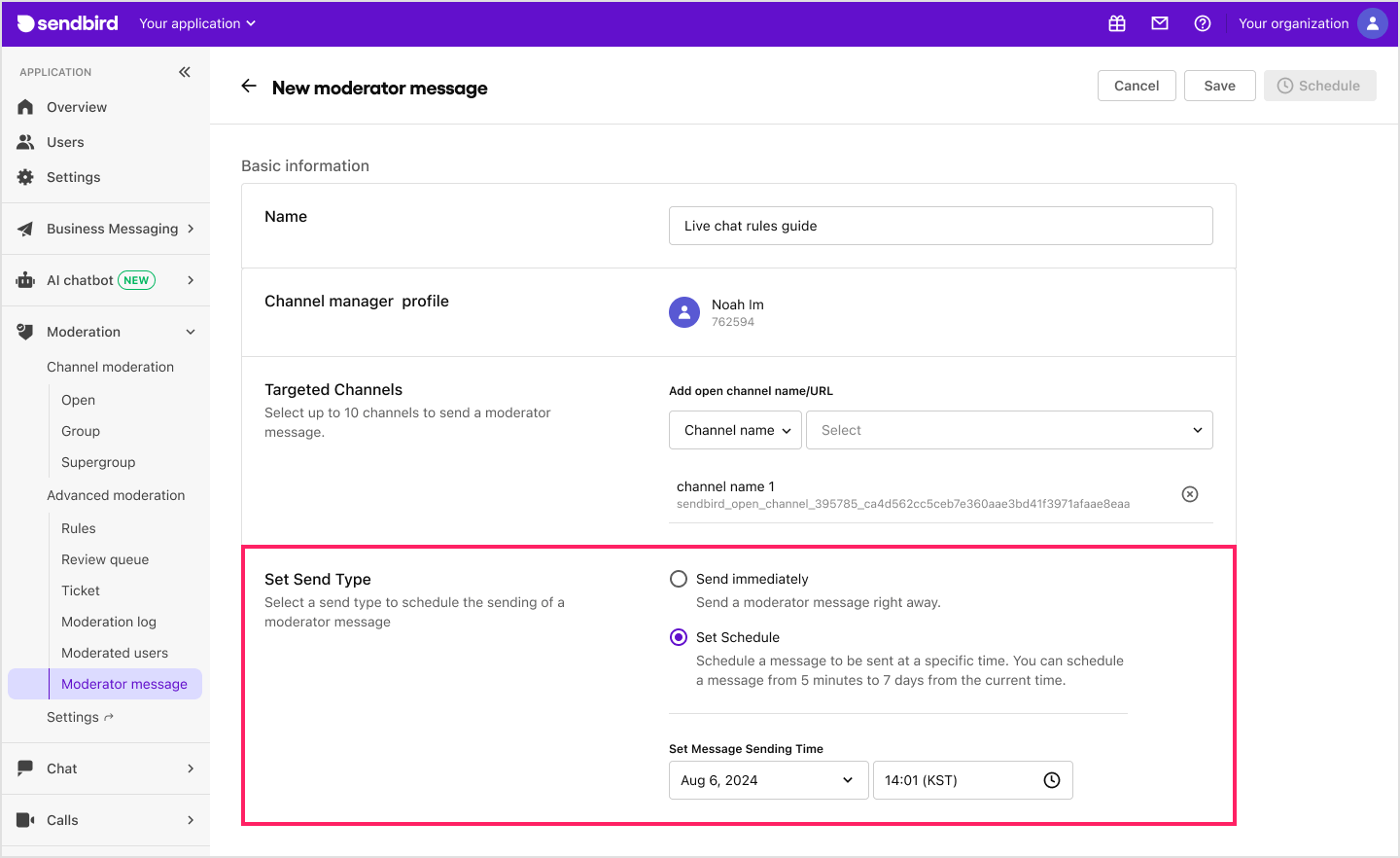 image|Dashboard screen showing the moderator messages page with scheduled messages highlighted.