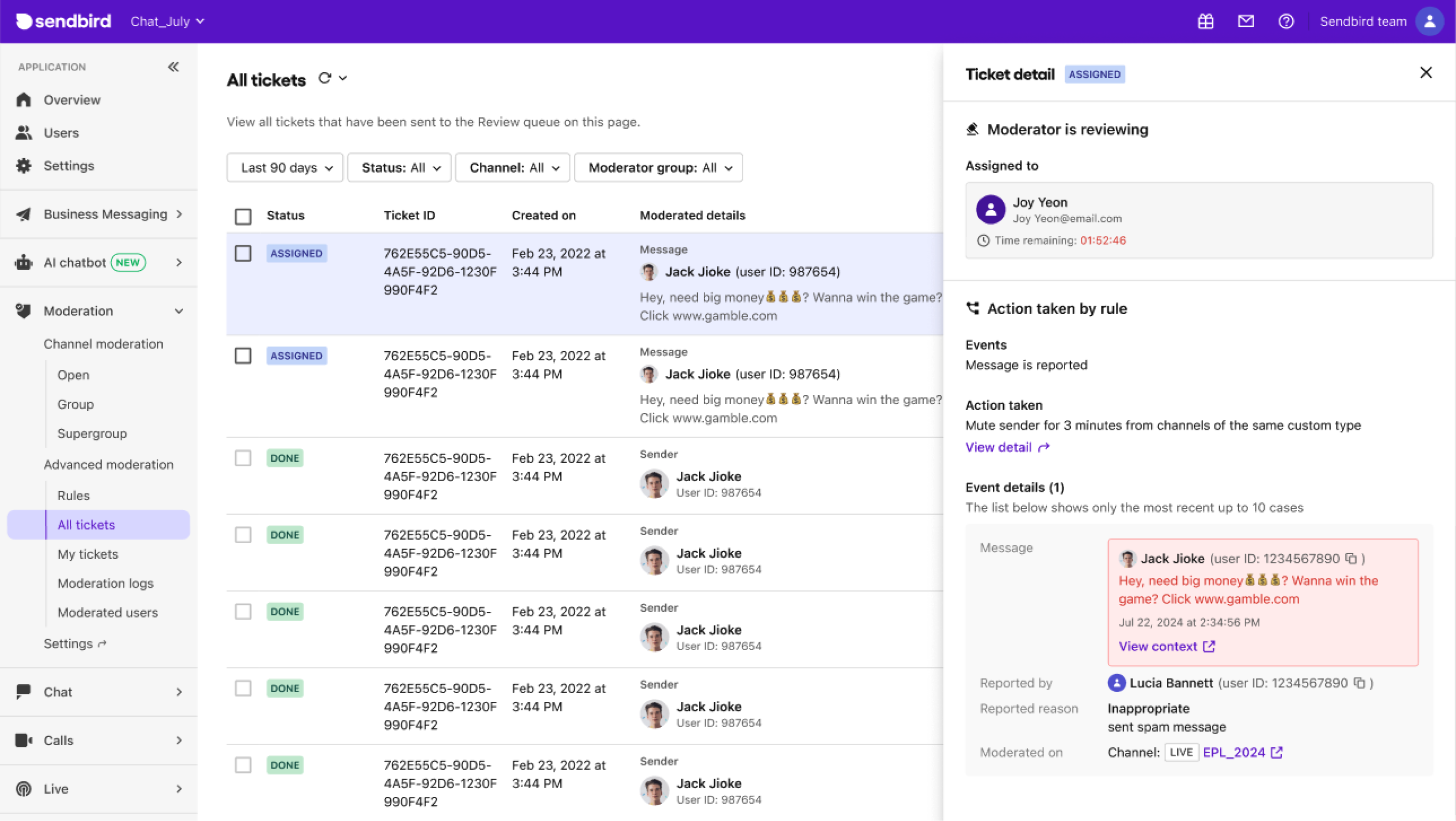 All tickets | Advanced Moderation | Sendbird Docs
