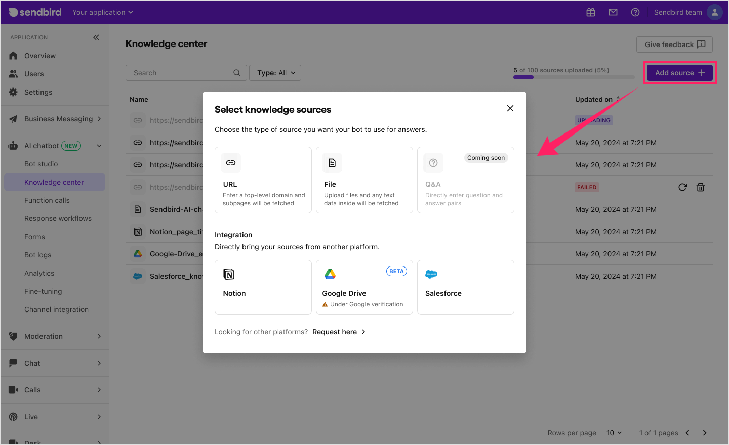 image|Dashboard screen showing the add knowledge source pop-up.