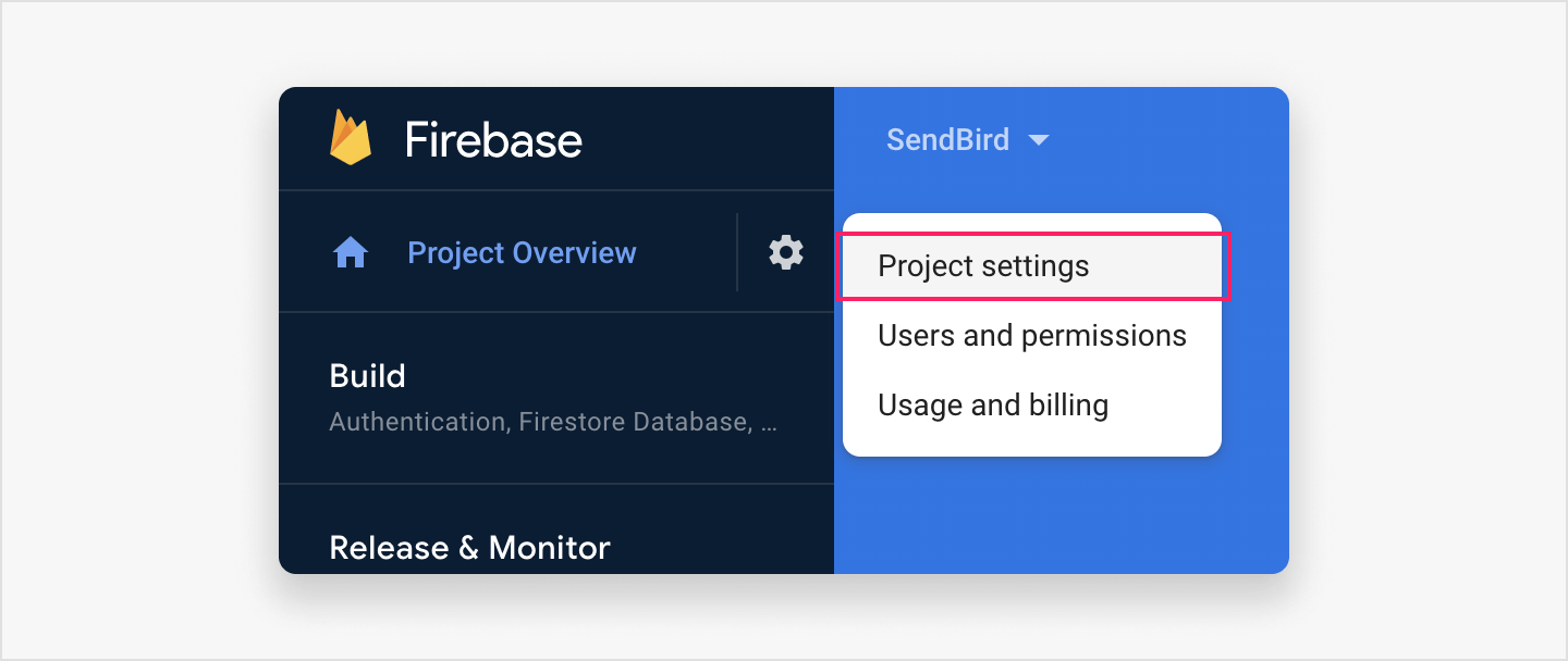 Image|Firebase console view showing opening project settings.