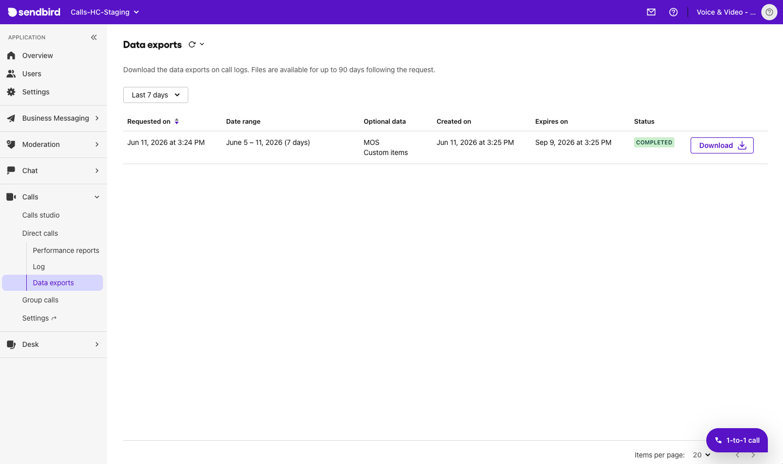image|Data exports page showing export list with status and date range filter.