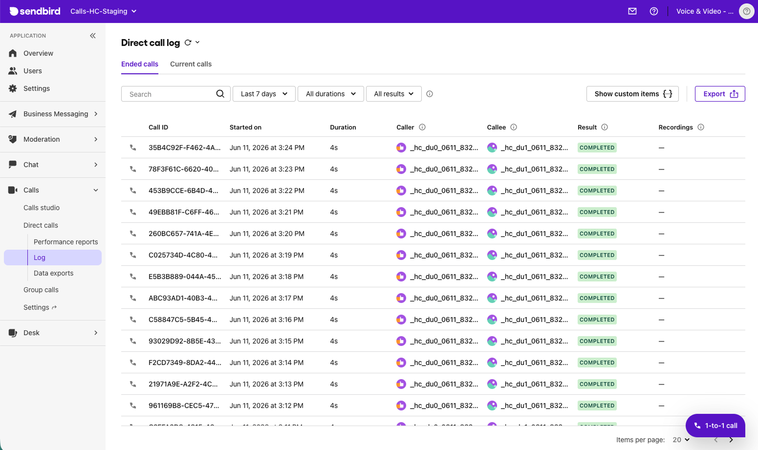 image|Direct call log page showing ended calls table with filters.