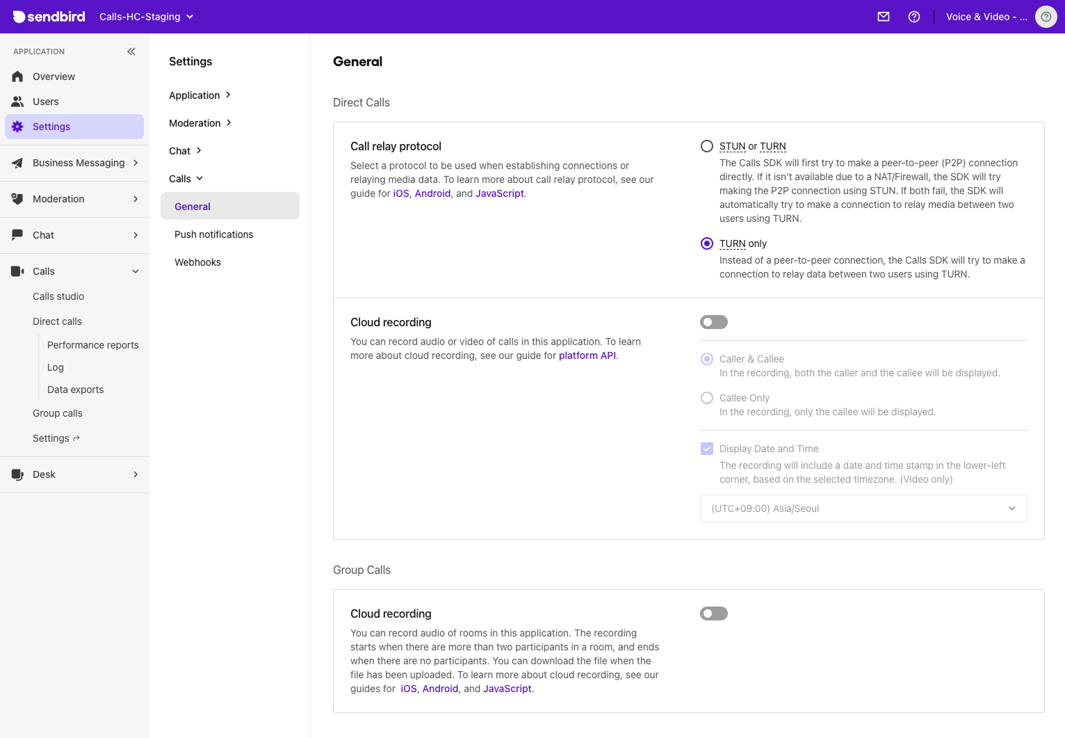 Settings | Calls Guide | Sendbird Docs