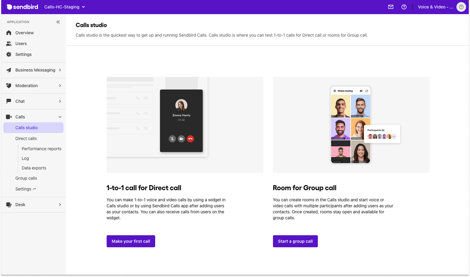 image|Calls studio page showing 1-to-1 Direct call and Room for Group call options.