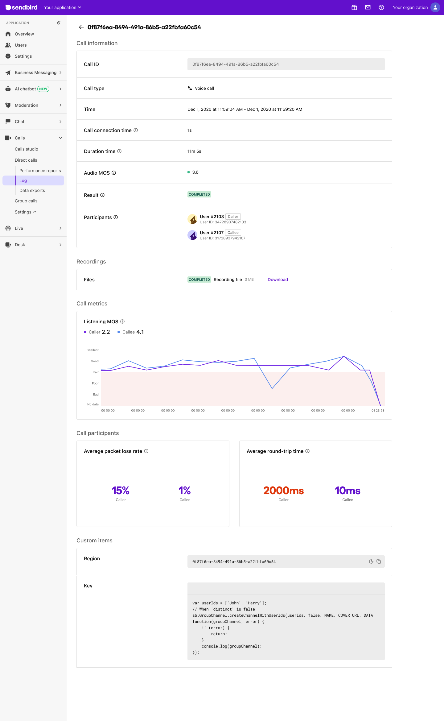 image|Call detail view showing call information, listening MOS chart, and per-participant quality metrics.