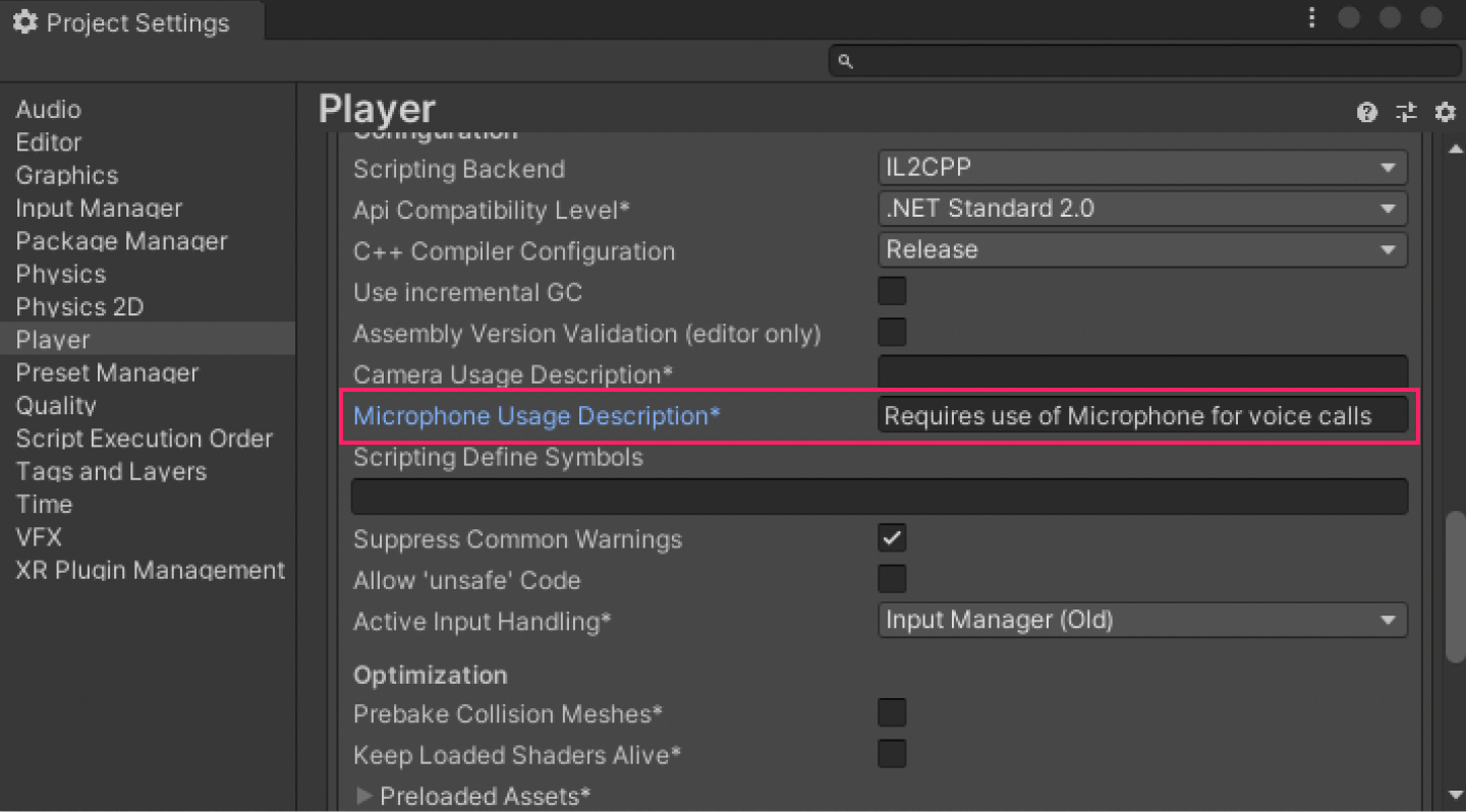 Image|Requeseting permission for camera and microphone in the player settings window.