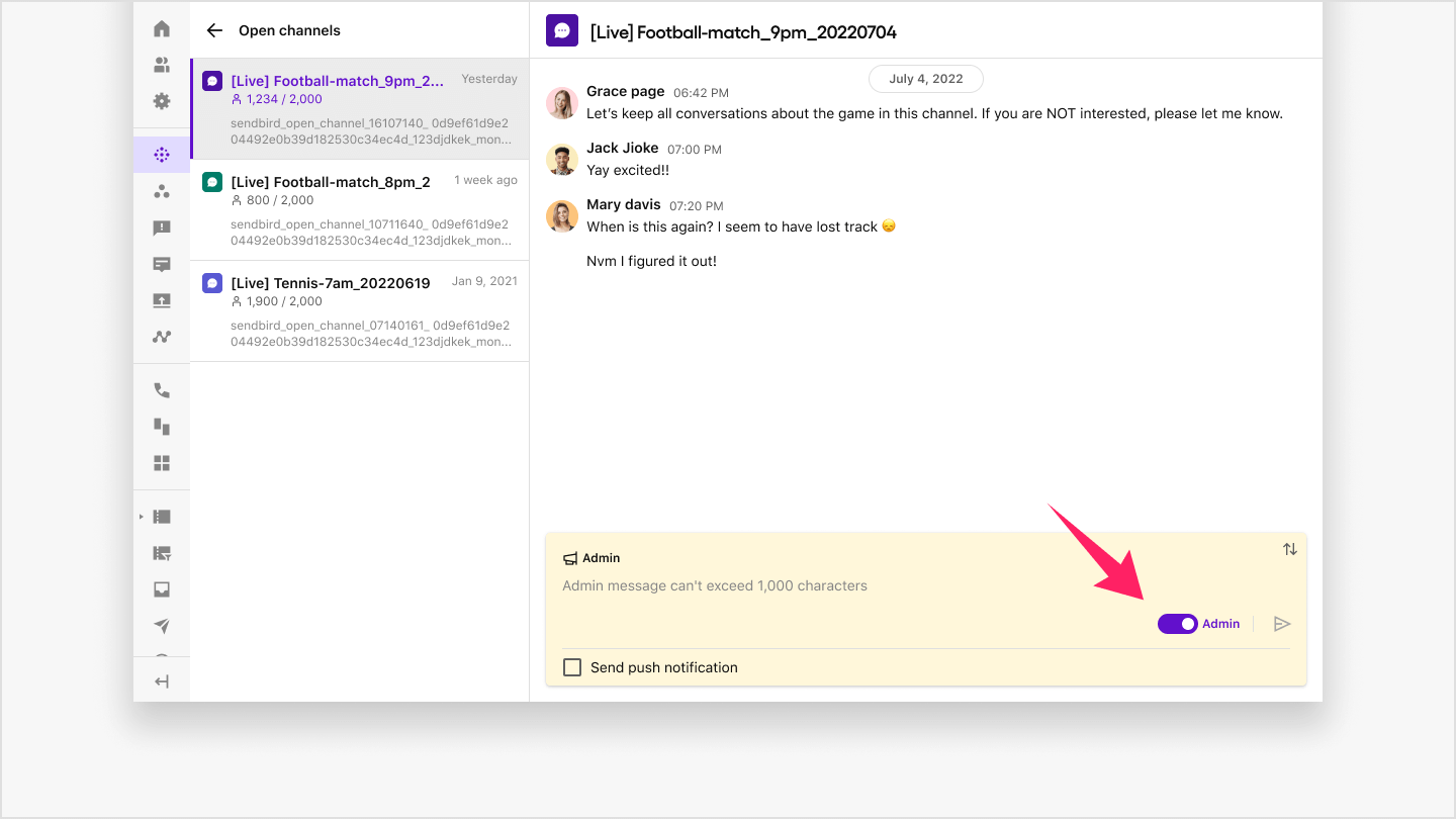 Admin message chat view in an open channel.