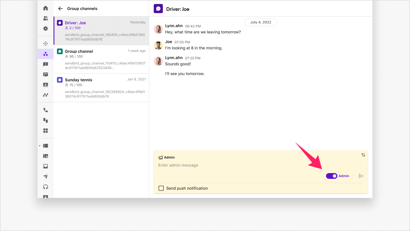 Admin message chat view in a group channel.