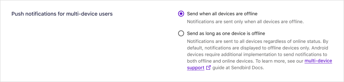 Turning on FCM push notifications for multi-device users on Sendbird Dashboard.
