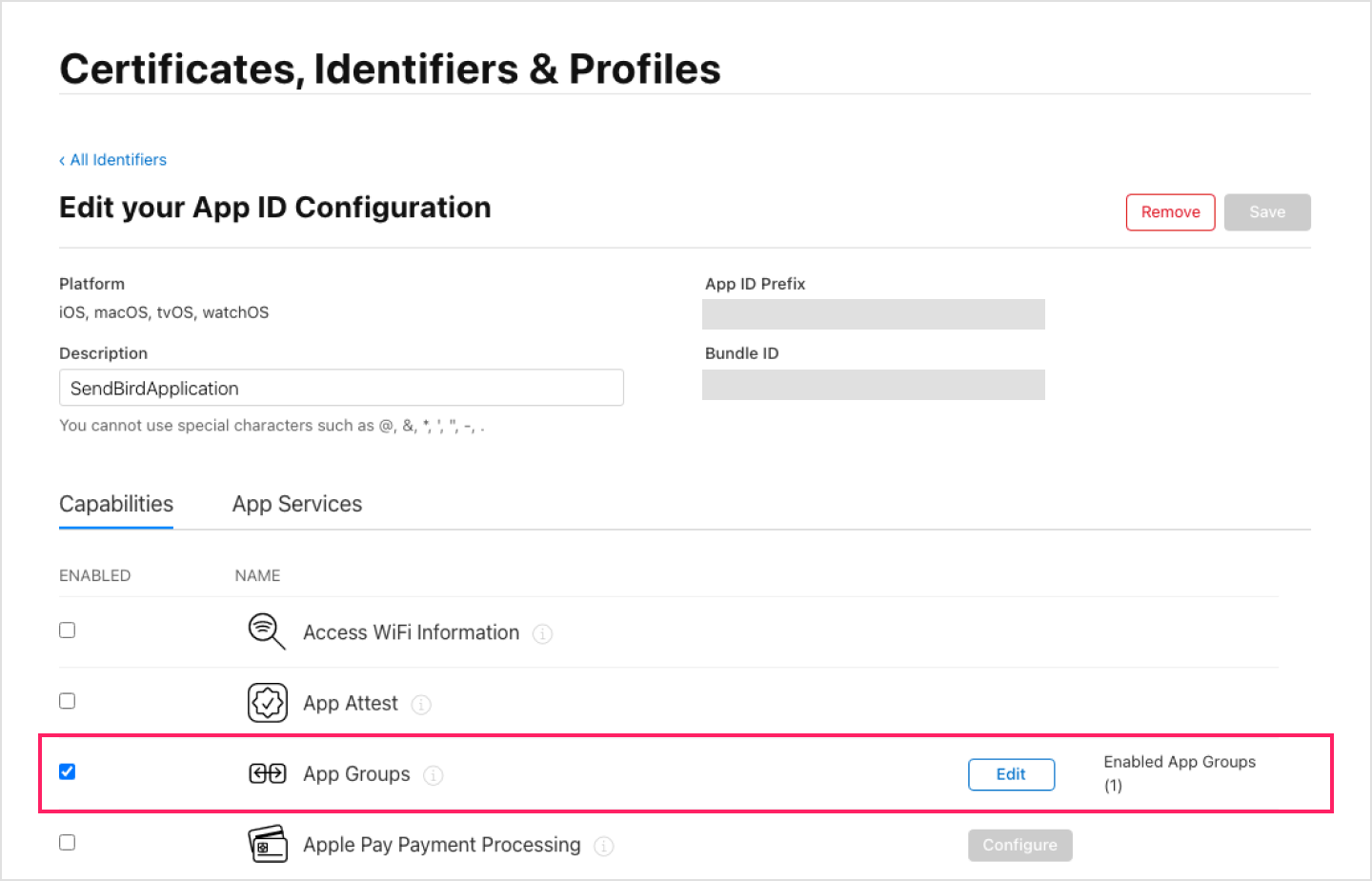 Image|Clicking App Groups to complete the Notification Service Extension configuration in the Certificates, Identifiers & Profiles.