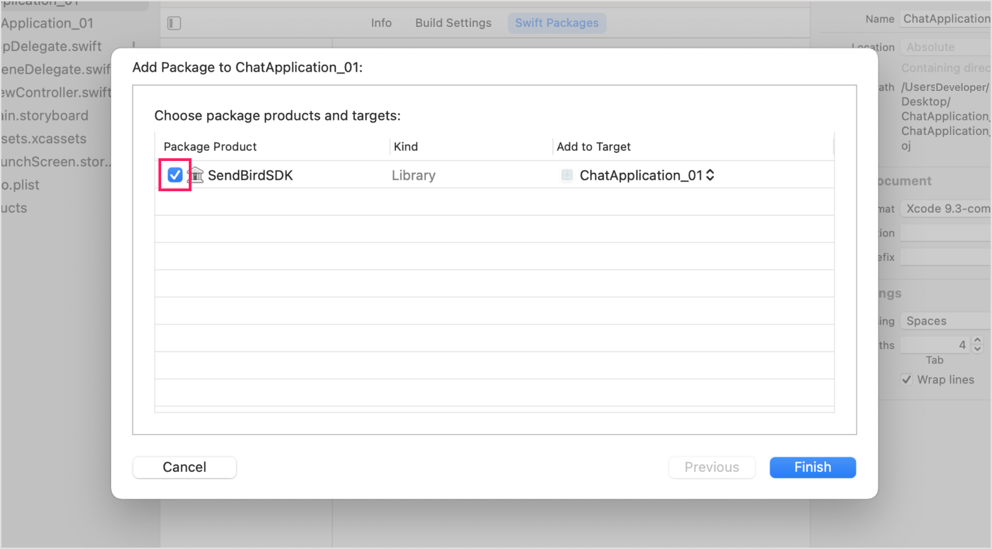 Image|Creating a dependency between your project and the SendBirdSDK package