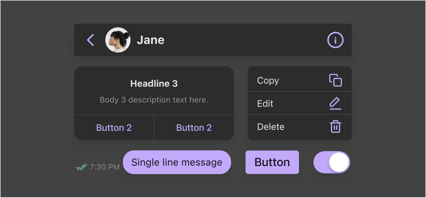 Image|Primary-light colored applied to a button in its pressed state and outgoing message bubble in the dark theme.