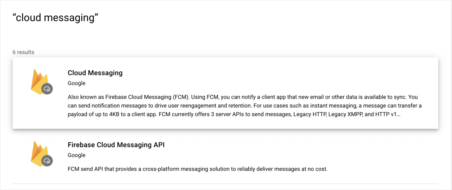 In the search results, clicking "Cloud Messaging"