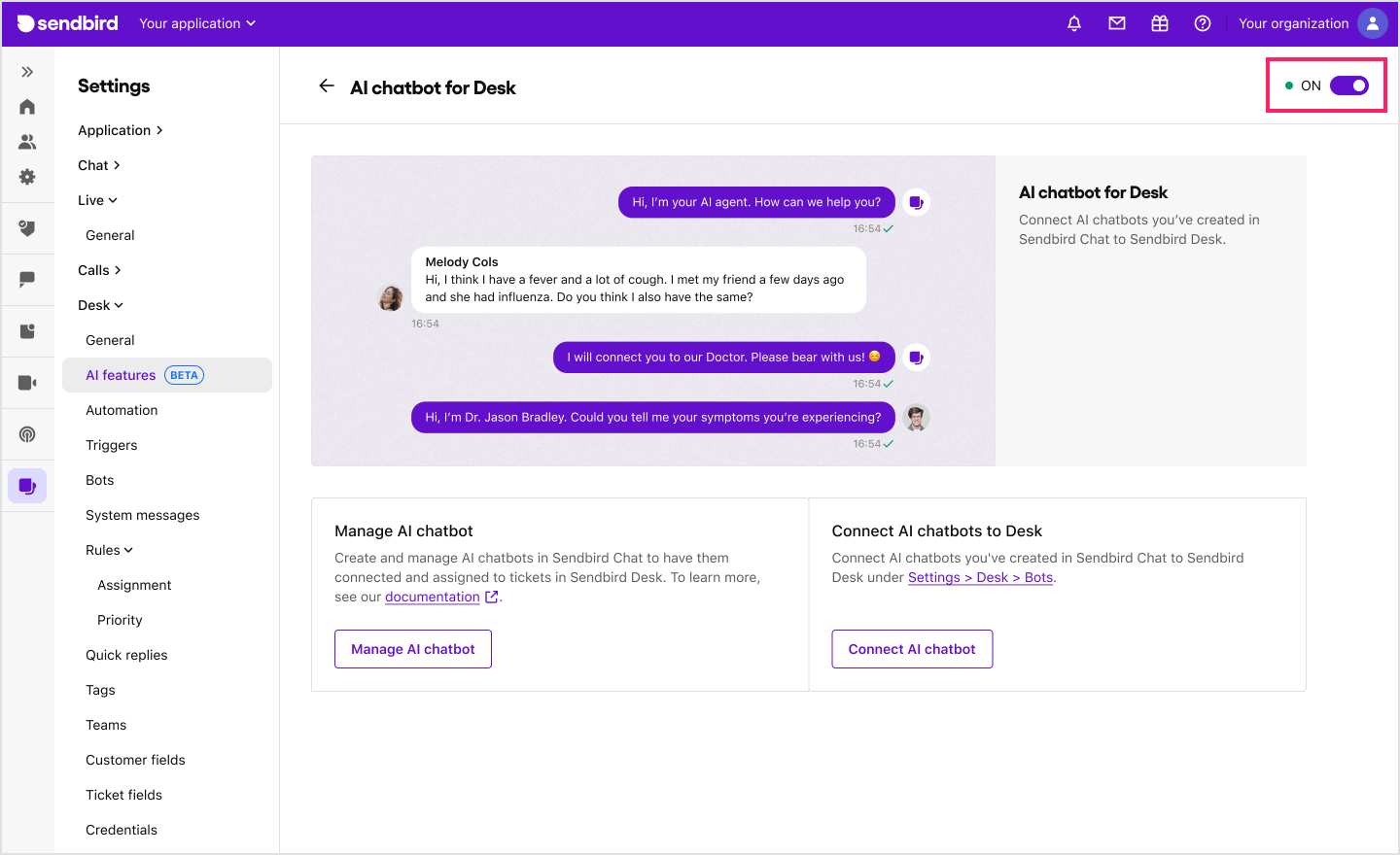 image|Turning on the AI chatbot for Desk under Settings > Desk > AI features on Sendbird Dashboard.