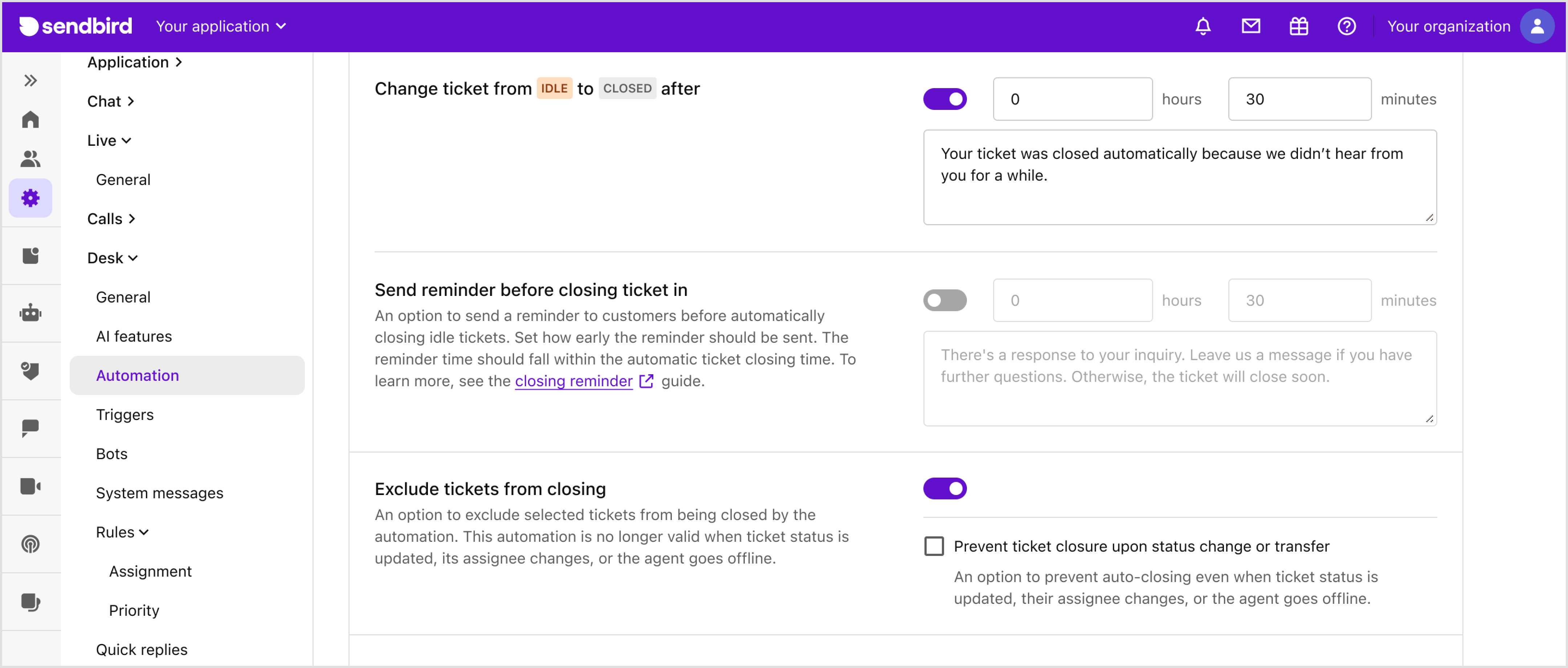 Exclude tickets from closing | Desk Guide | Sendbird Docs
