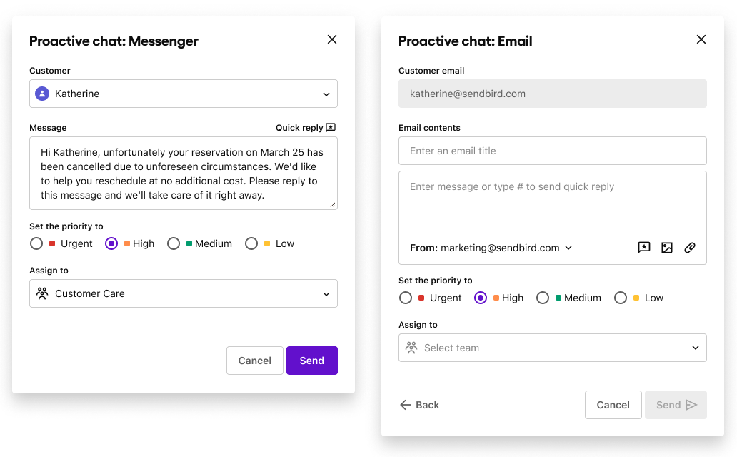 Image|Send modal for Messenger and Email proactive chat.