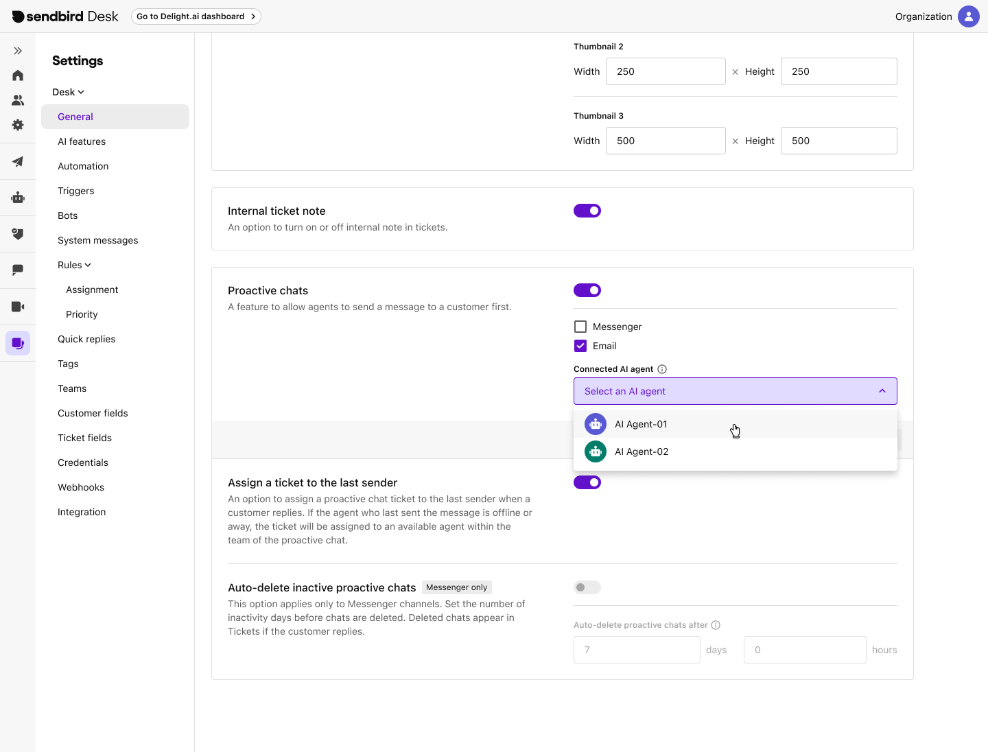 Image|Proactive chats settings with Email channel and AI agent dropdown.
