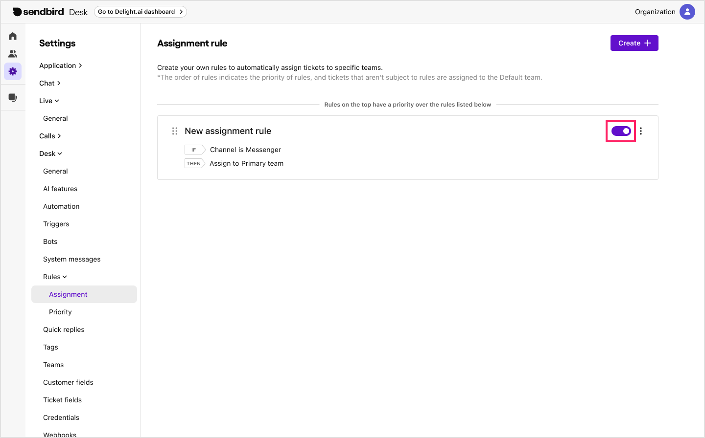 Image|Assignment rule saved and enabled with the toggle turned on