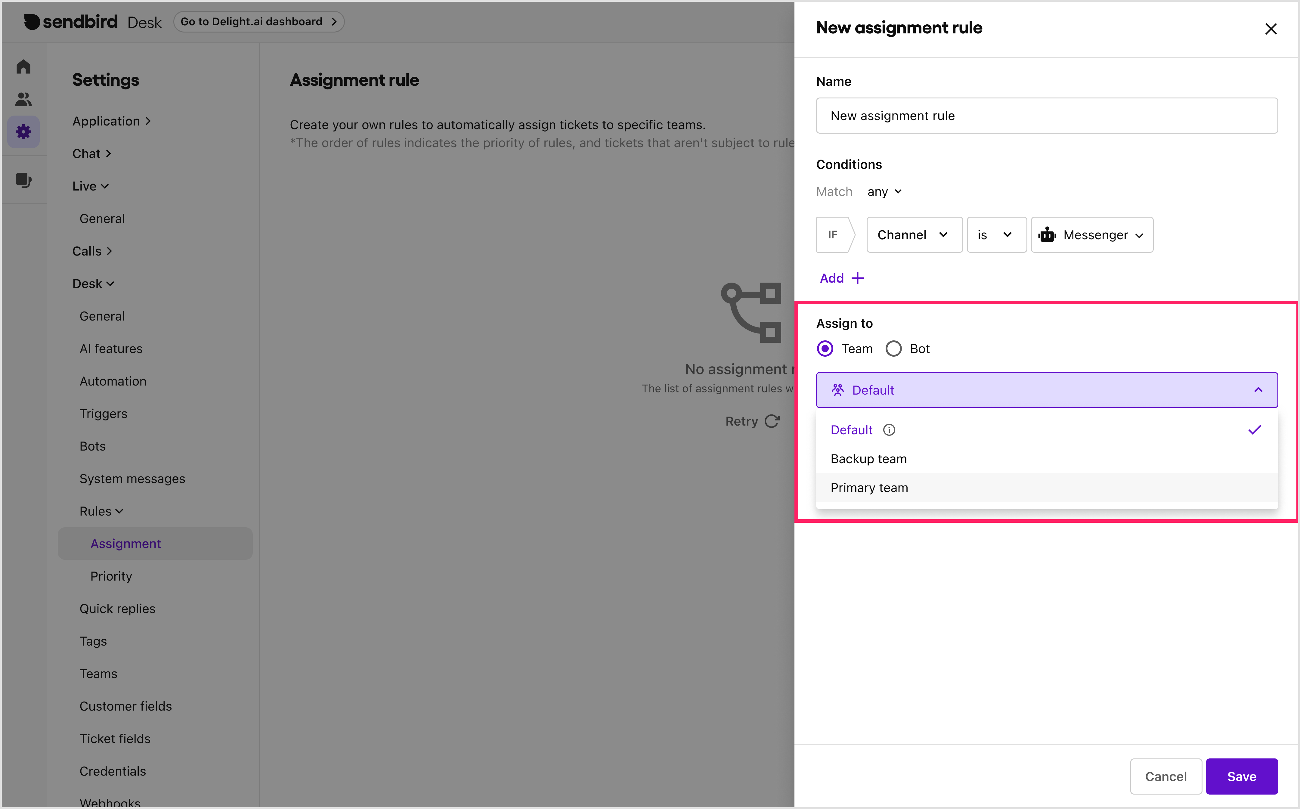Assign overflowed tickets to a backup team | Desk Guide | Sendbird Docs