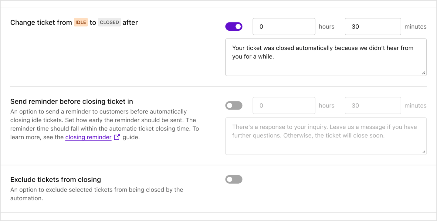 Image|Dashboard view of how to turn on the option to exclude tickets from closing.