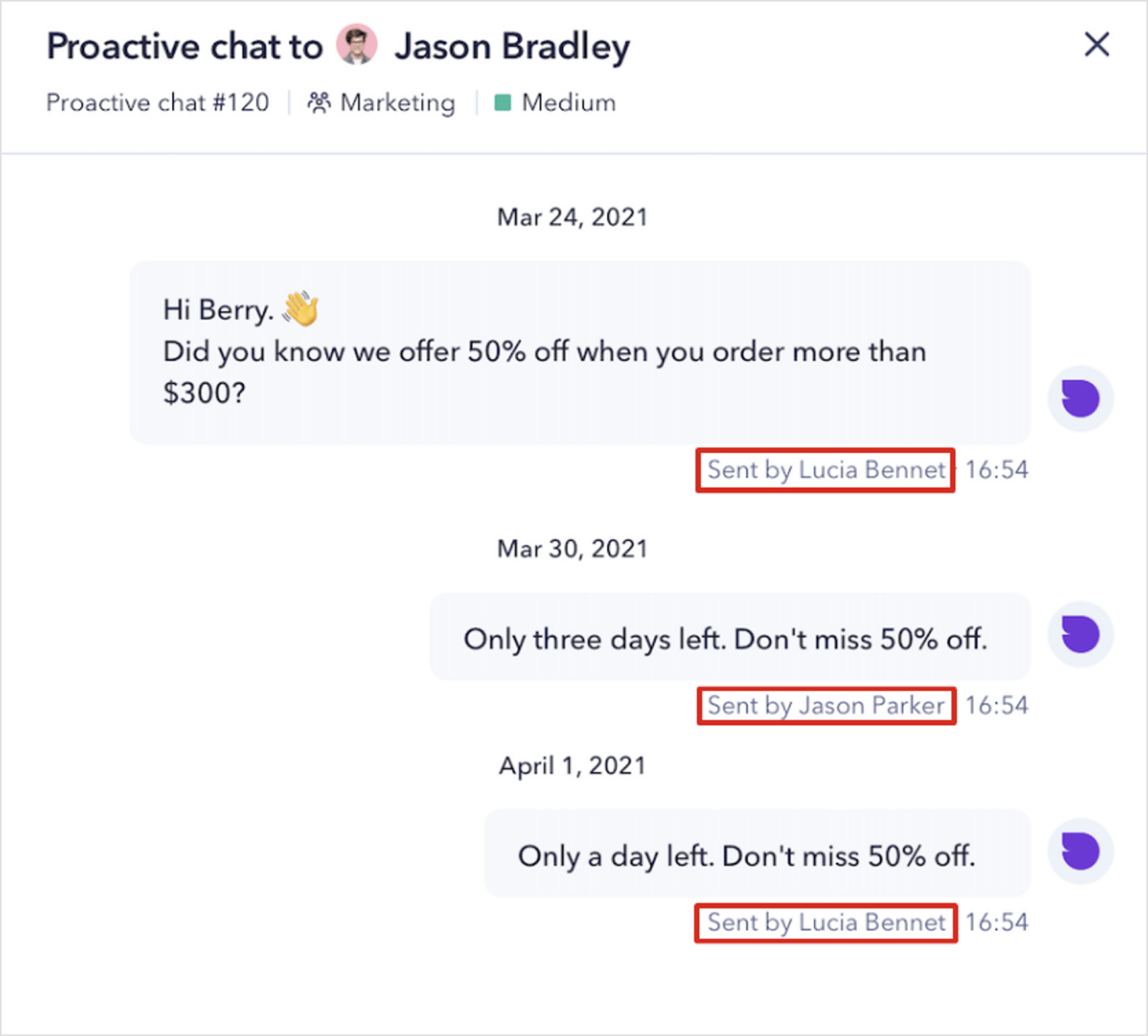 Image|Chat view showing different senders of proactive messages.
