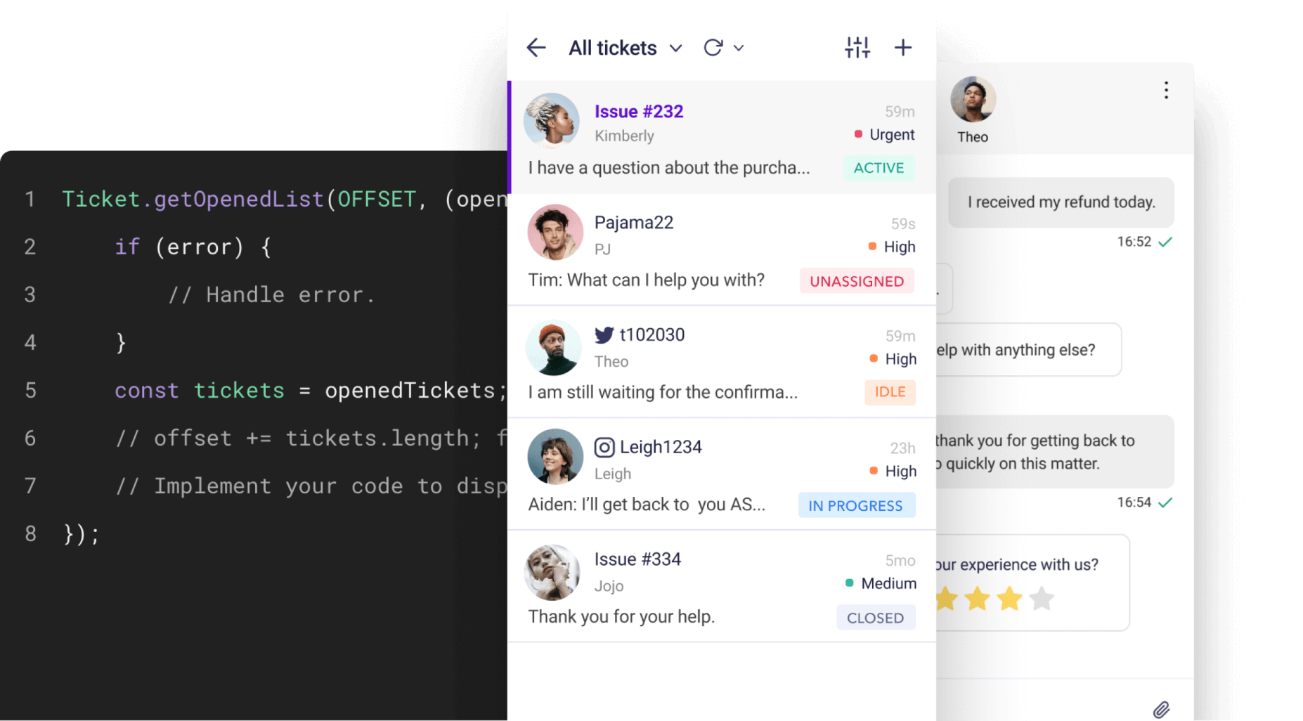 Sample code, ticket list, and chat view.