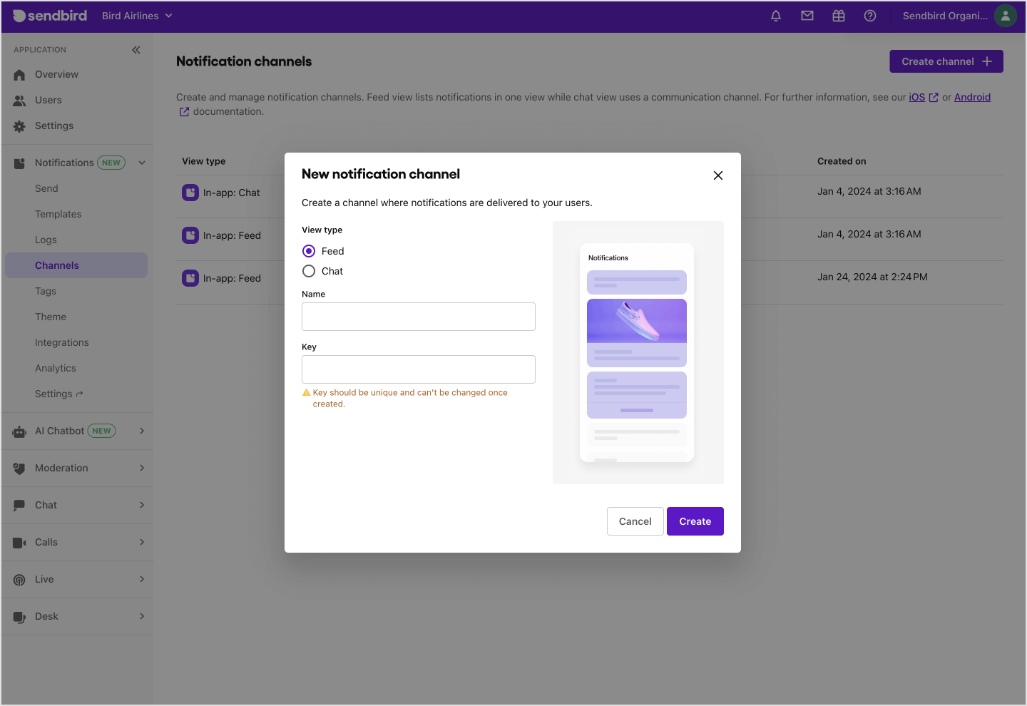 image|A popup for creating a channel on the Channels page