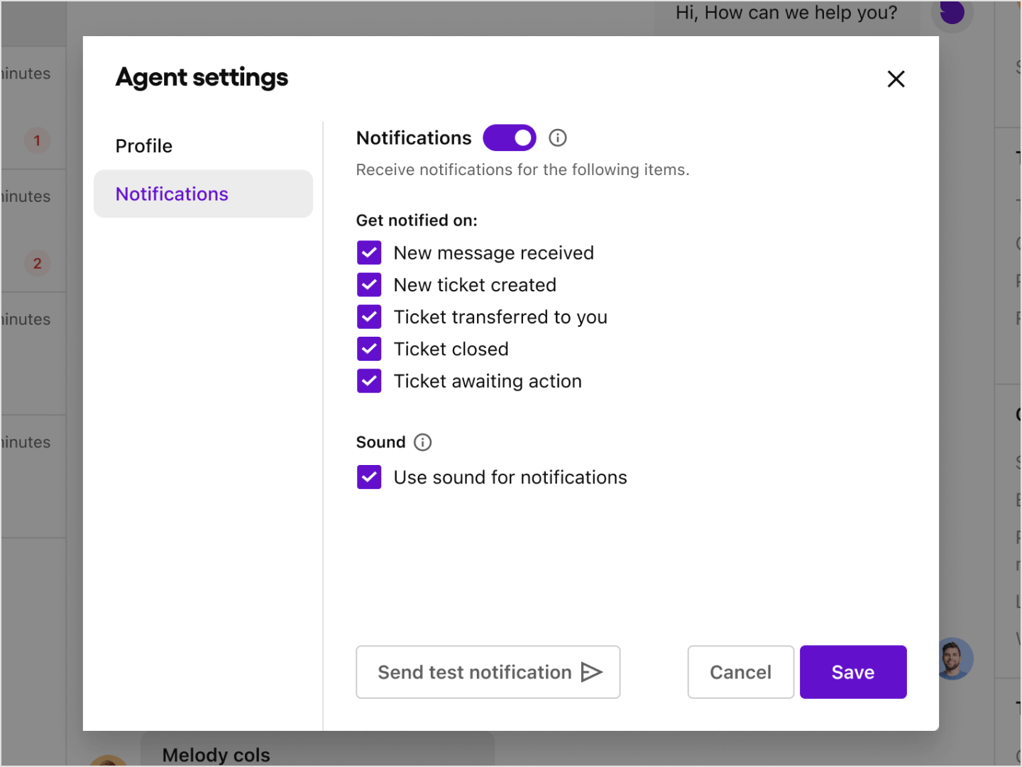 Image|Showing notifications settings page for agent