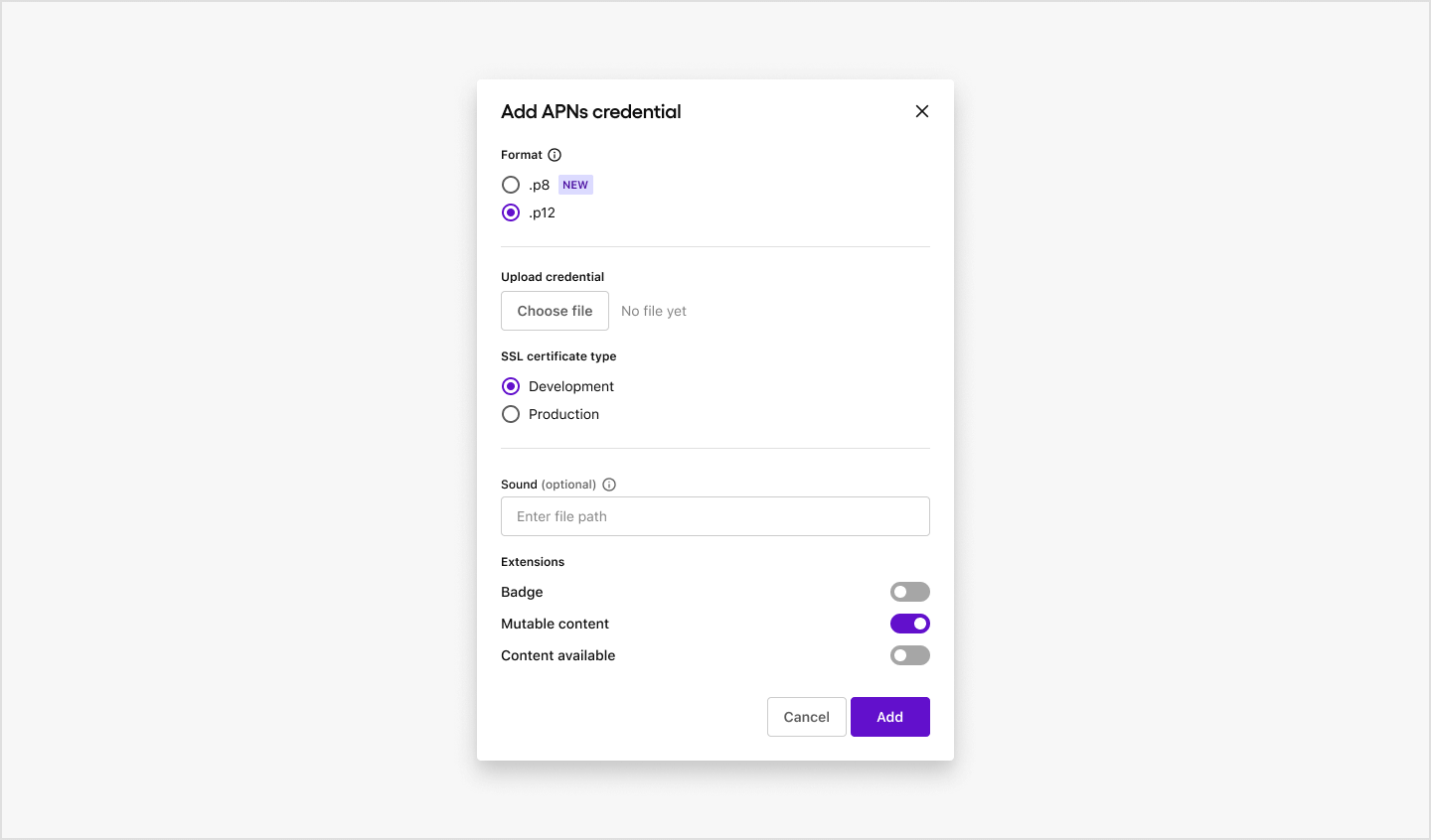 Uploading and registering your .p12 file for APNs in Sendbird Dashboard.