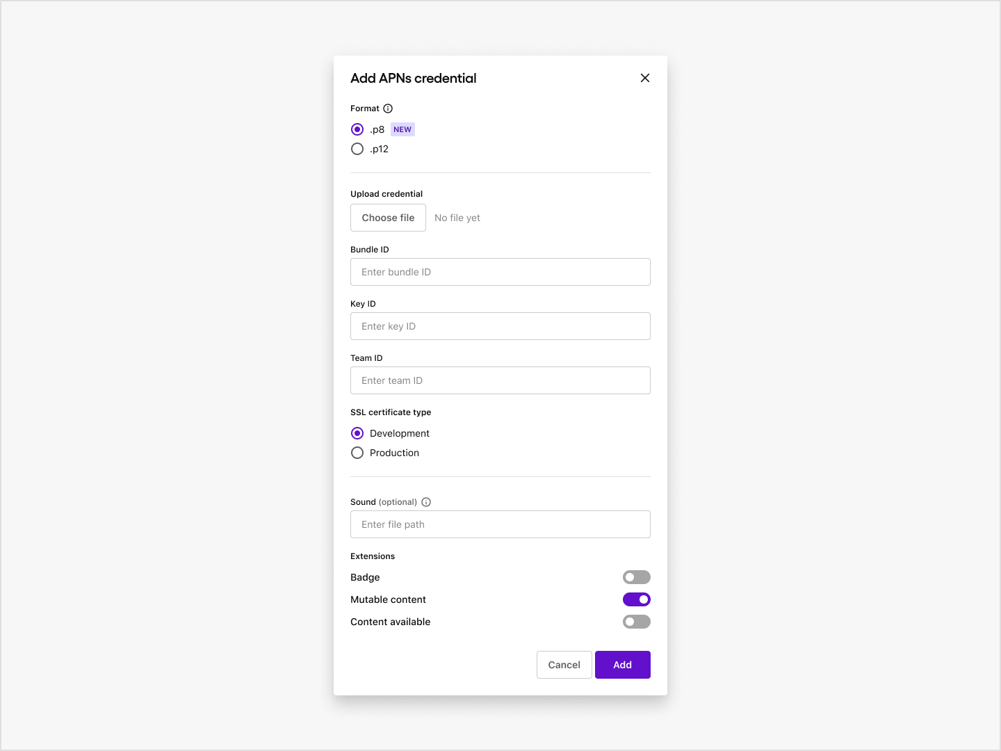 Uploading and registering your .p8 file for APNs in Sendbird Dashboard.