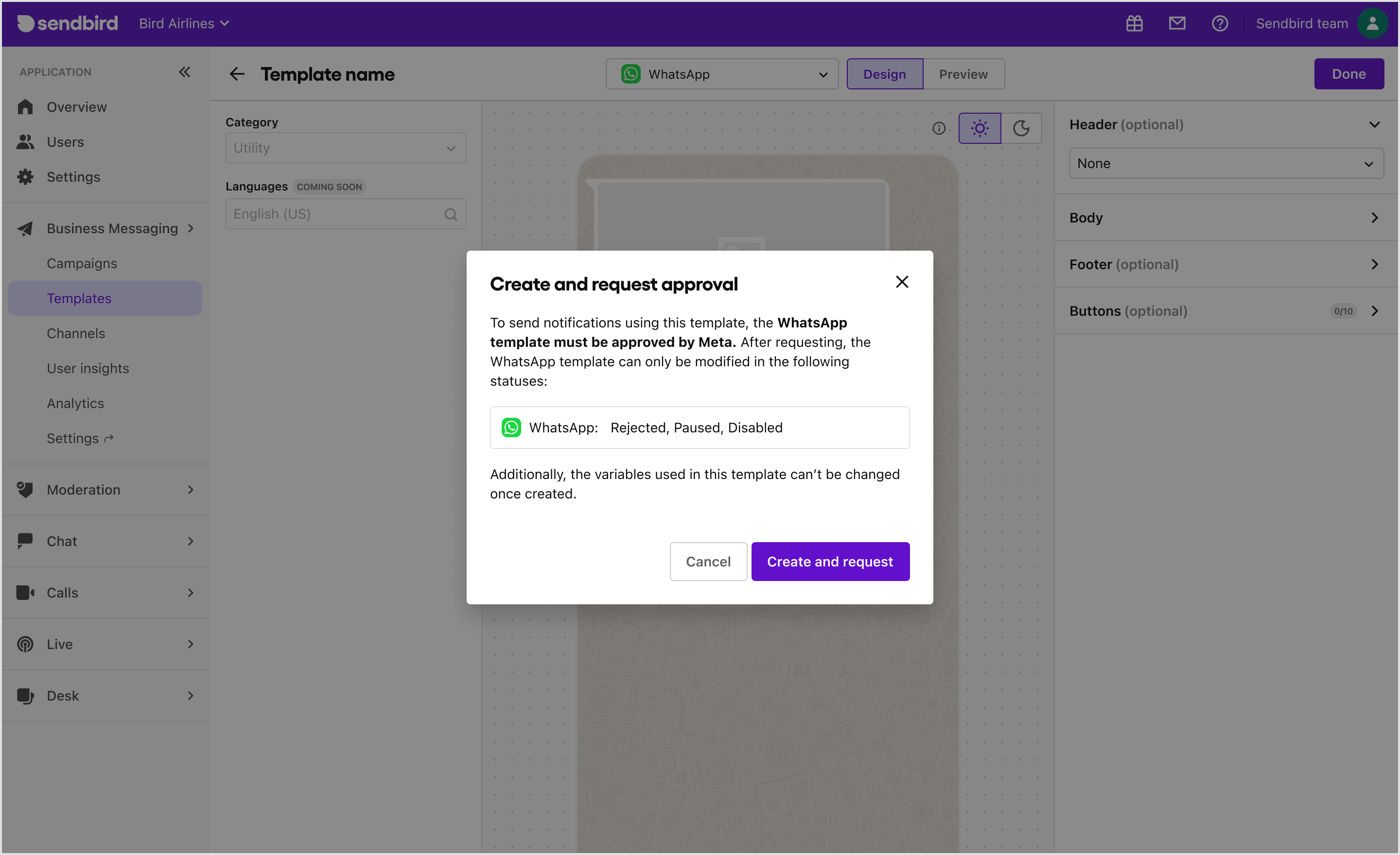 Templates | Business Messaging | Sendbird Docs
