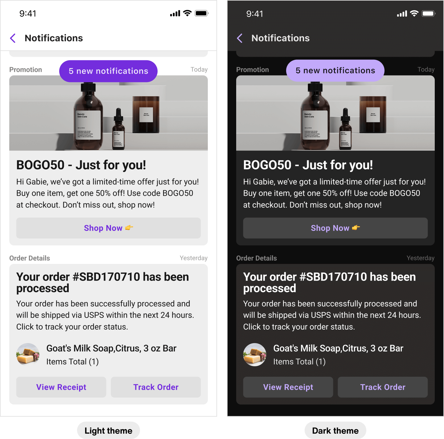 Image|An image showing iOS' light-theme view on the left and dark-theme on the right.