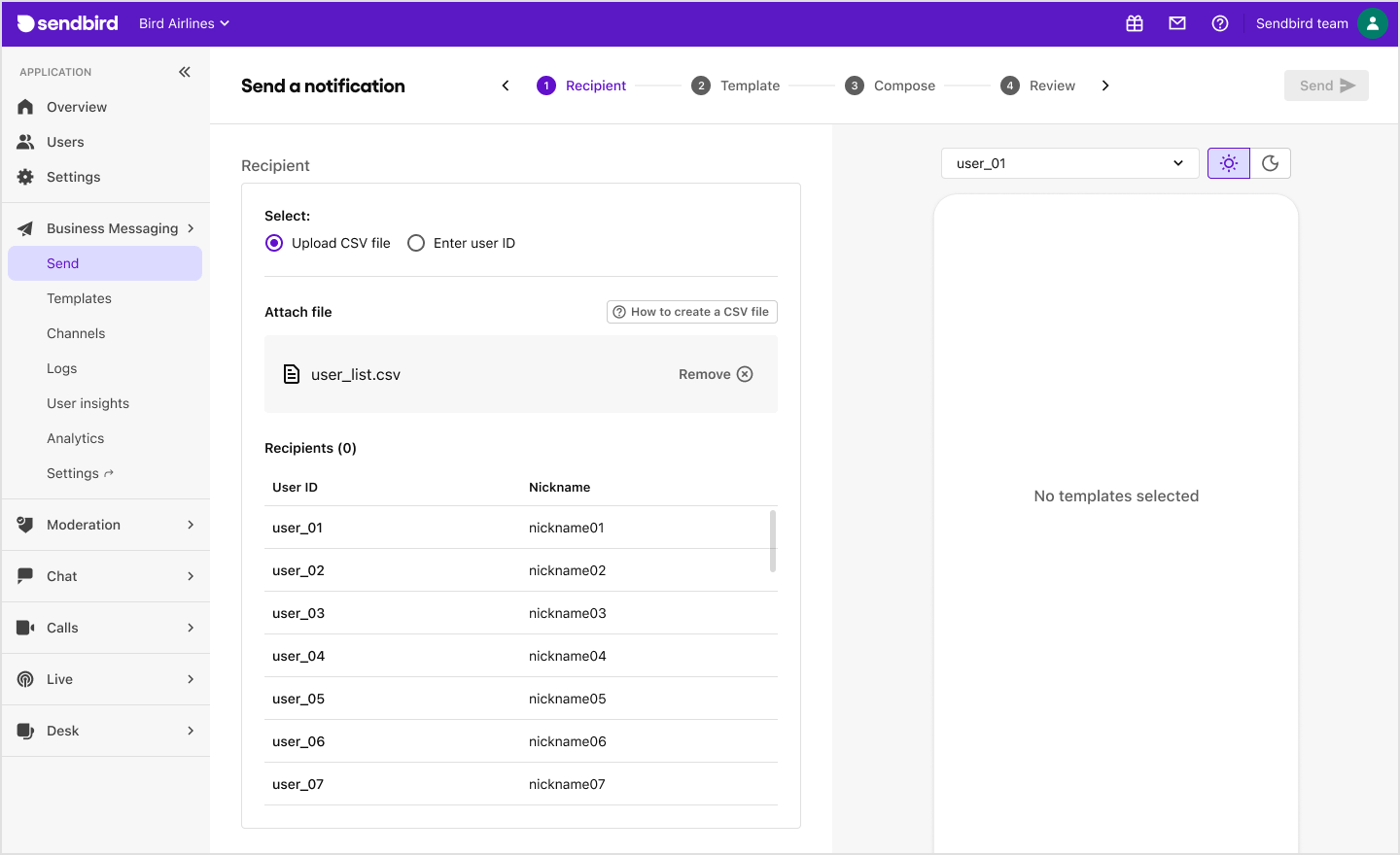 image|The Send page under Business Messaging on Sendbird Dashboard