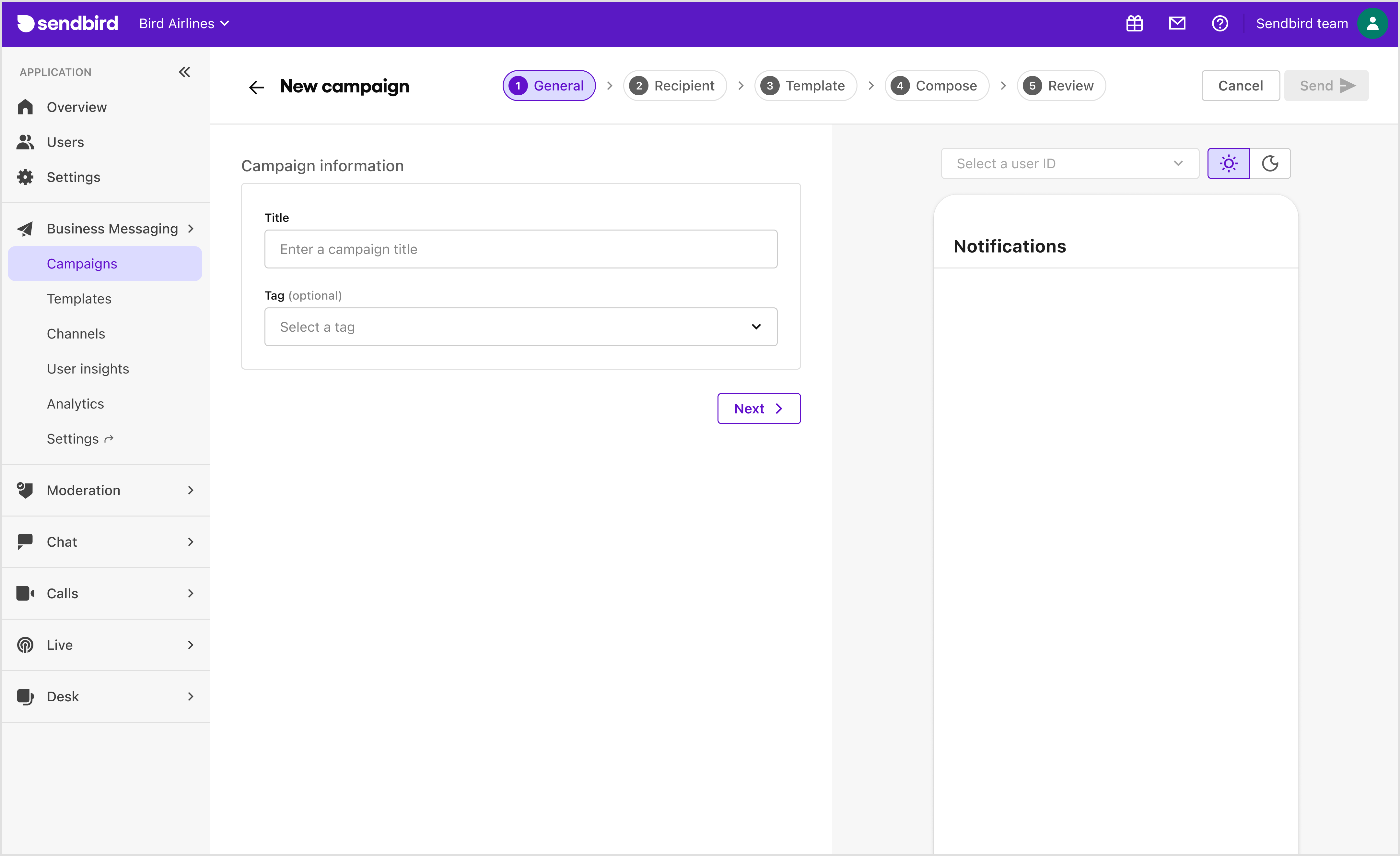 Send a notification on Sendbird Dashboard | Business Messaging ...