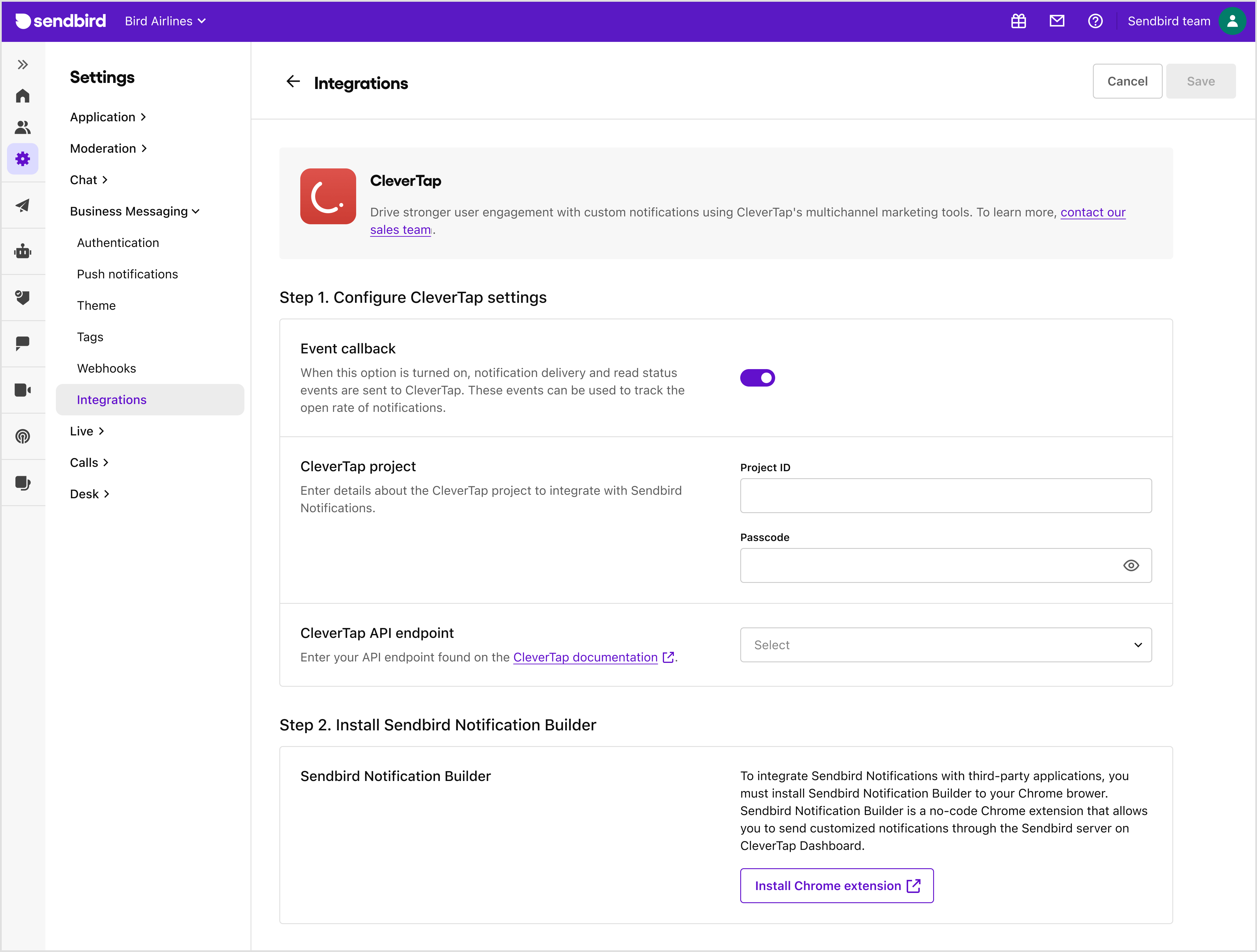 Integrate with CleverTap | Business Messaging | Sendbird Docs