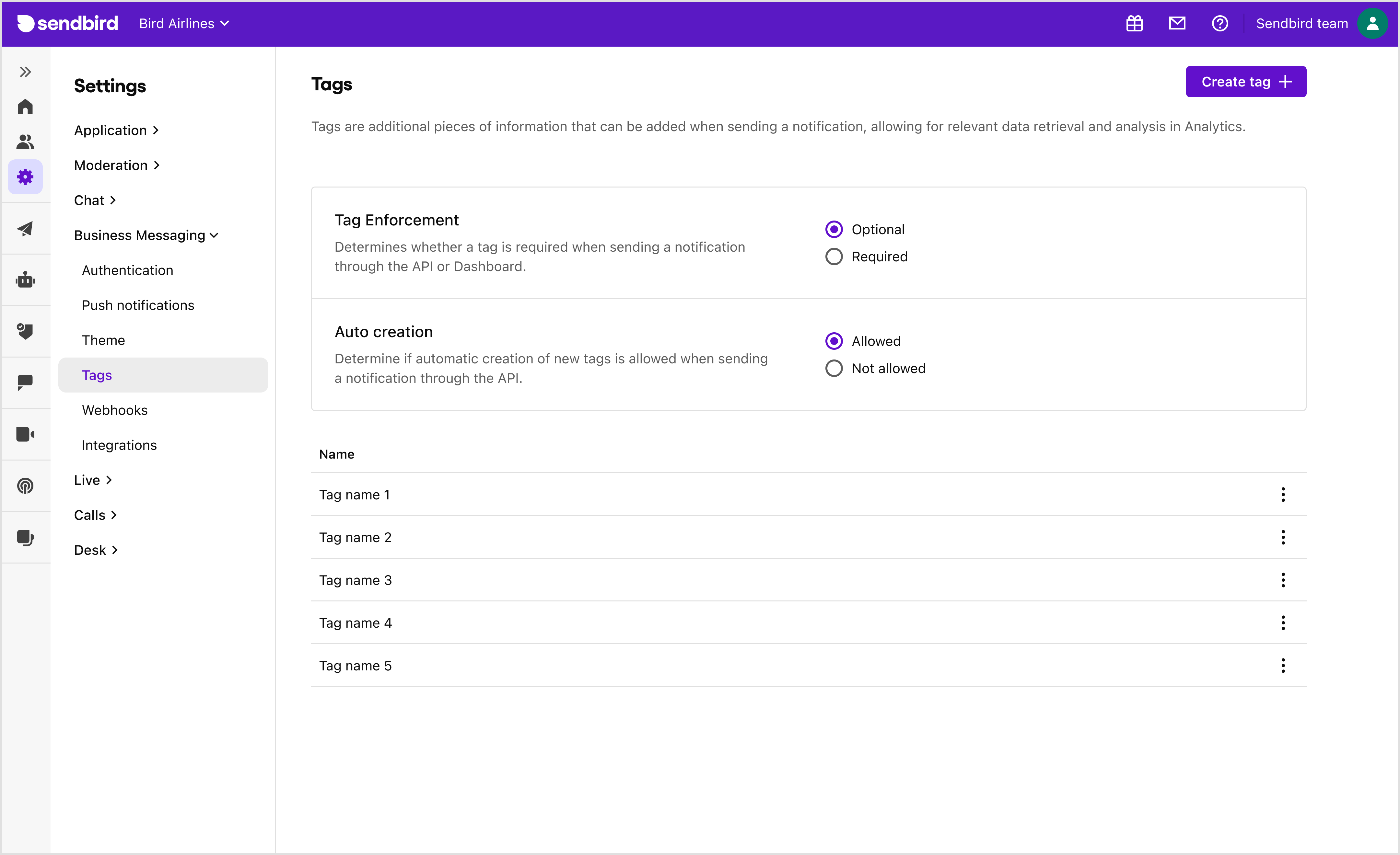 Tag notifications | Business Messaging | Sendbird Docs